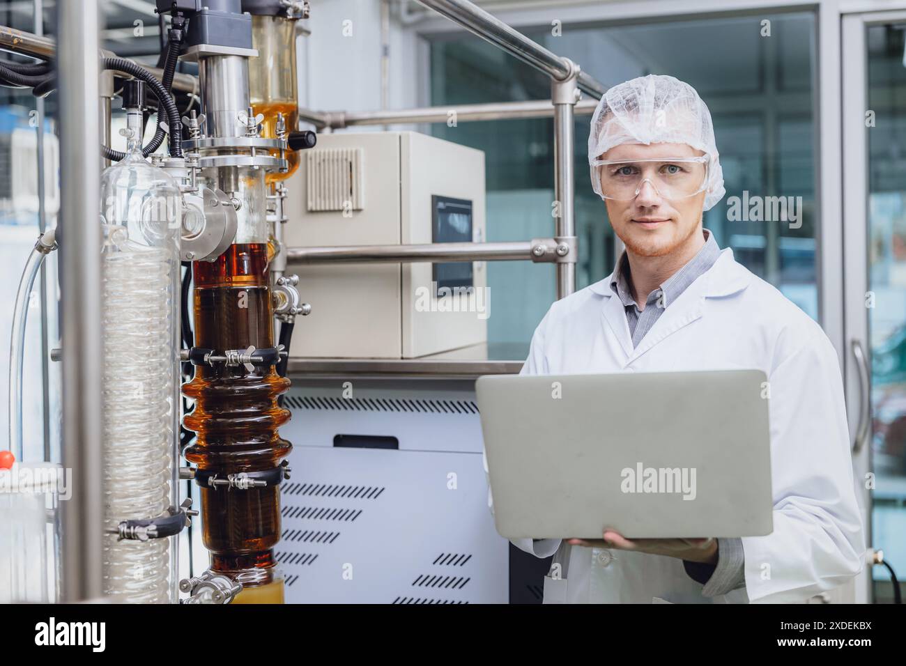 Scienziato ritrattista che lavora con le apparecchiature nel laboratorio scientifico. Personale della fabbrica medica Cannabis CBD estrazione di olio. Olio di canapa impianti di distillazione a film sottile Pr Foto Stock