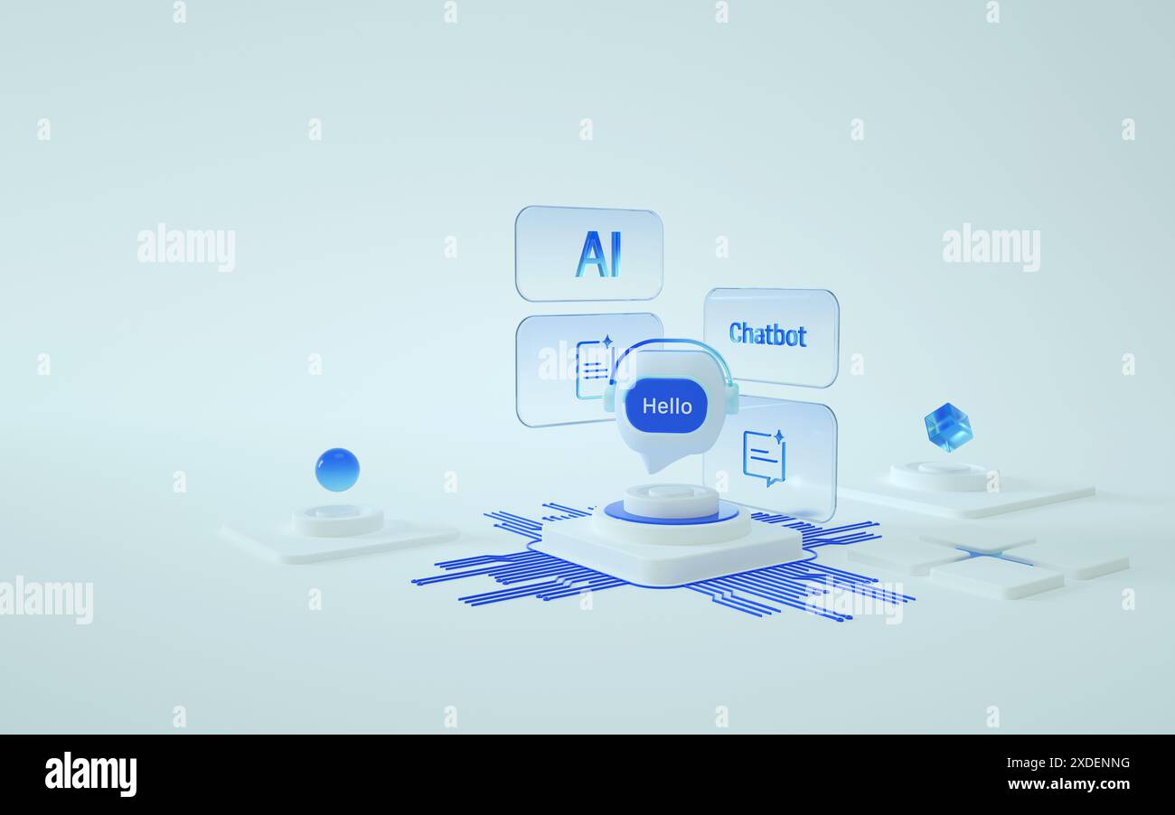Chatbot o concetto di rete di intelligenza artificiale con ciao. Assistente AI, elaborazione del linguaggio naturale. Foto Stock