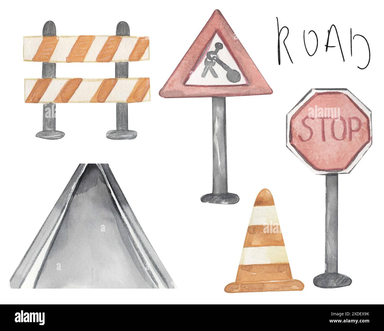 Illustrazione degli elementi stradali in acquerello, cono stradale, clipart segnaletica stradale Foto Stock