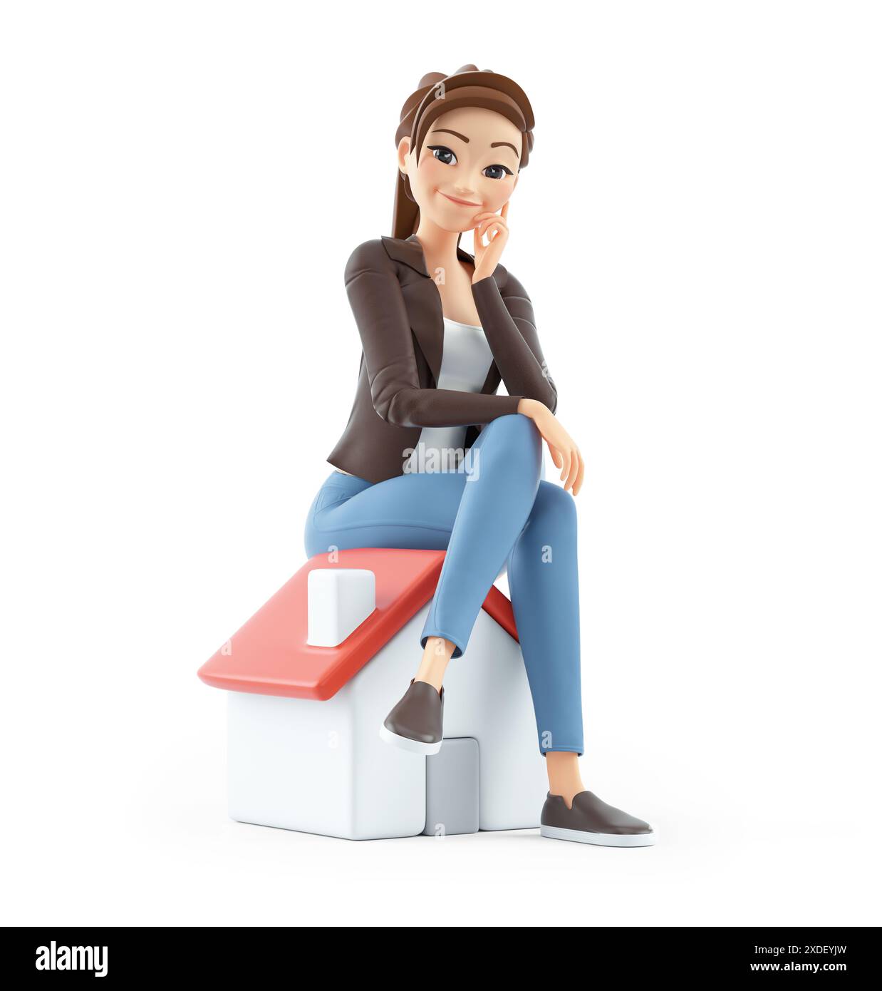 donna di cartoni animati 3d seduta sull'icona della casa, illustrazione isolata su sfondo bianco Foto Stock