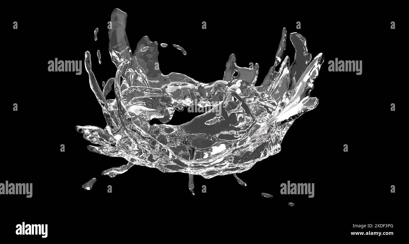 rendering 3d di spruzzi o flussi di acqua limpida su sfondo nero isolato Foto Stock