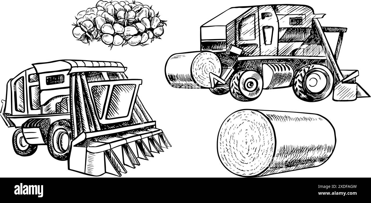 Raccoglitrice di cotone. Illustrazione grafica vettoriale in bianco e nero realizzata a mano. Una composizione stilizzata di una moderna raccoglitrice di cotone e di una raccolta di cotone Illustrazione Vettoriale