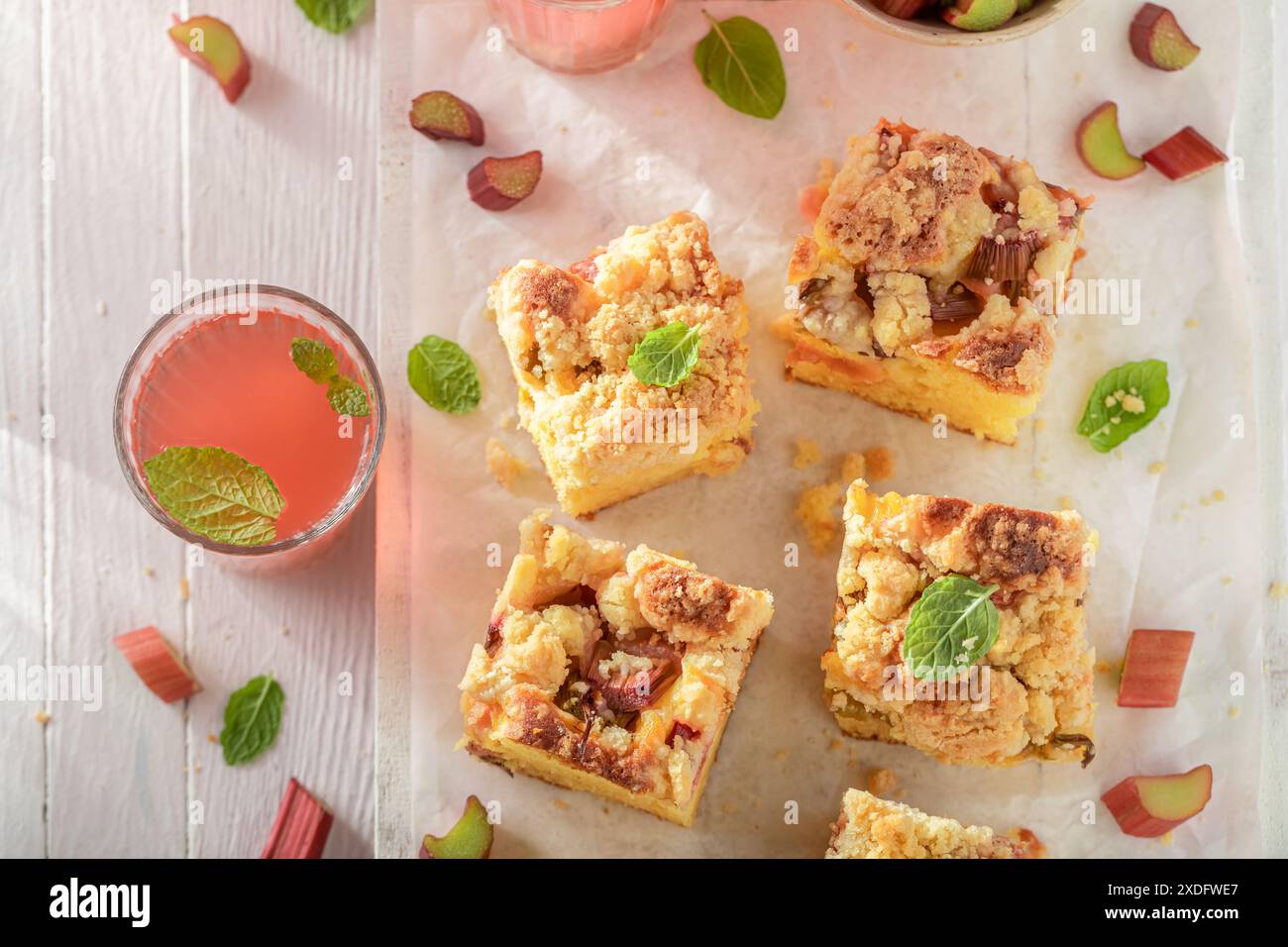 Torta di lievito al rabarbaro fresca e gustosa dessert popolare in Polonia. Torta al burro con crumble e rabarbaro. Foto Stock