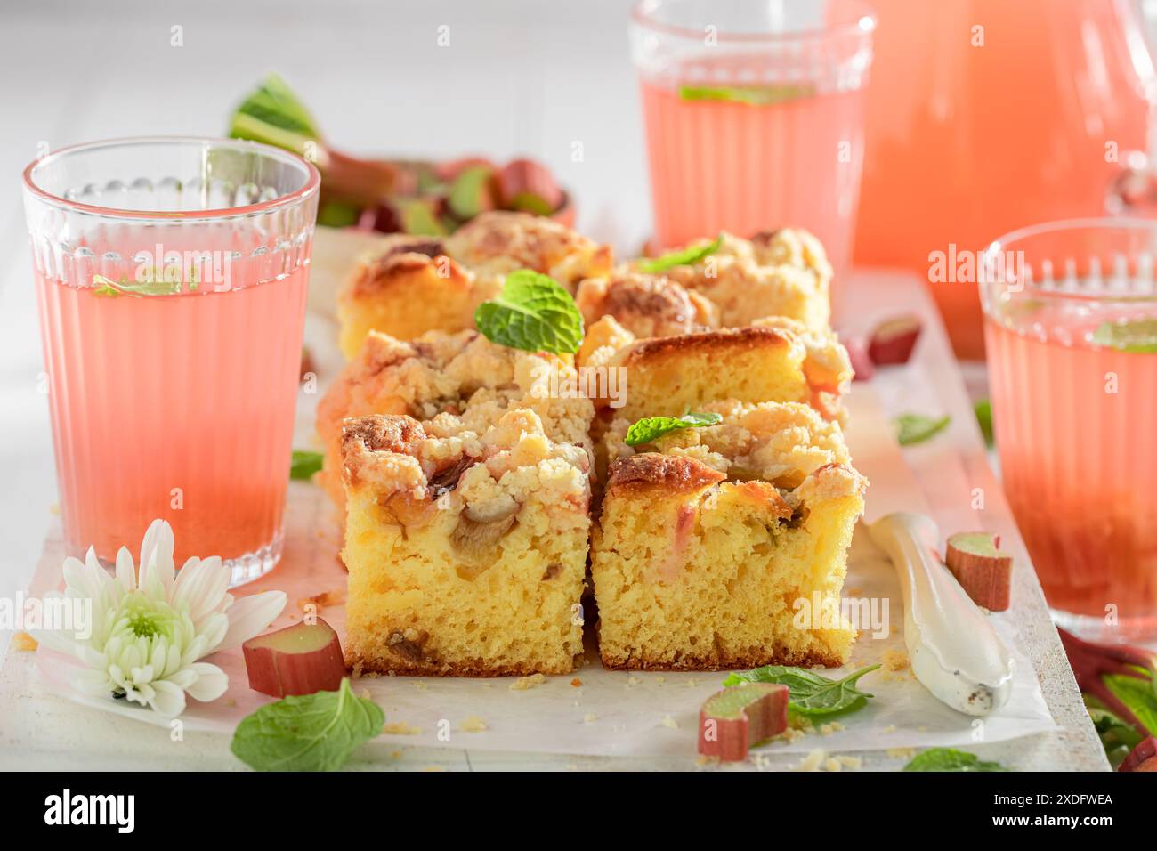 Deliziosa torta al lievito di rabarbaro fatta in casa con ingredienti freschi. Torta al burro con crumble e rabarbaro. Foto Stock