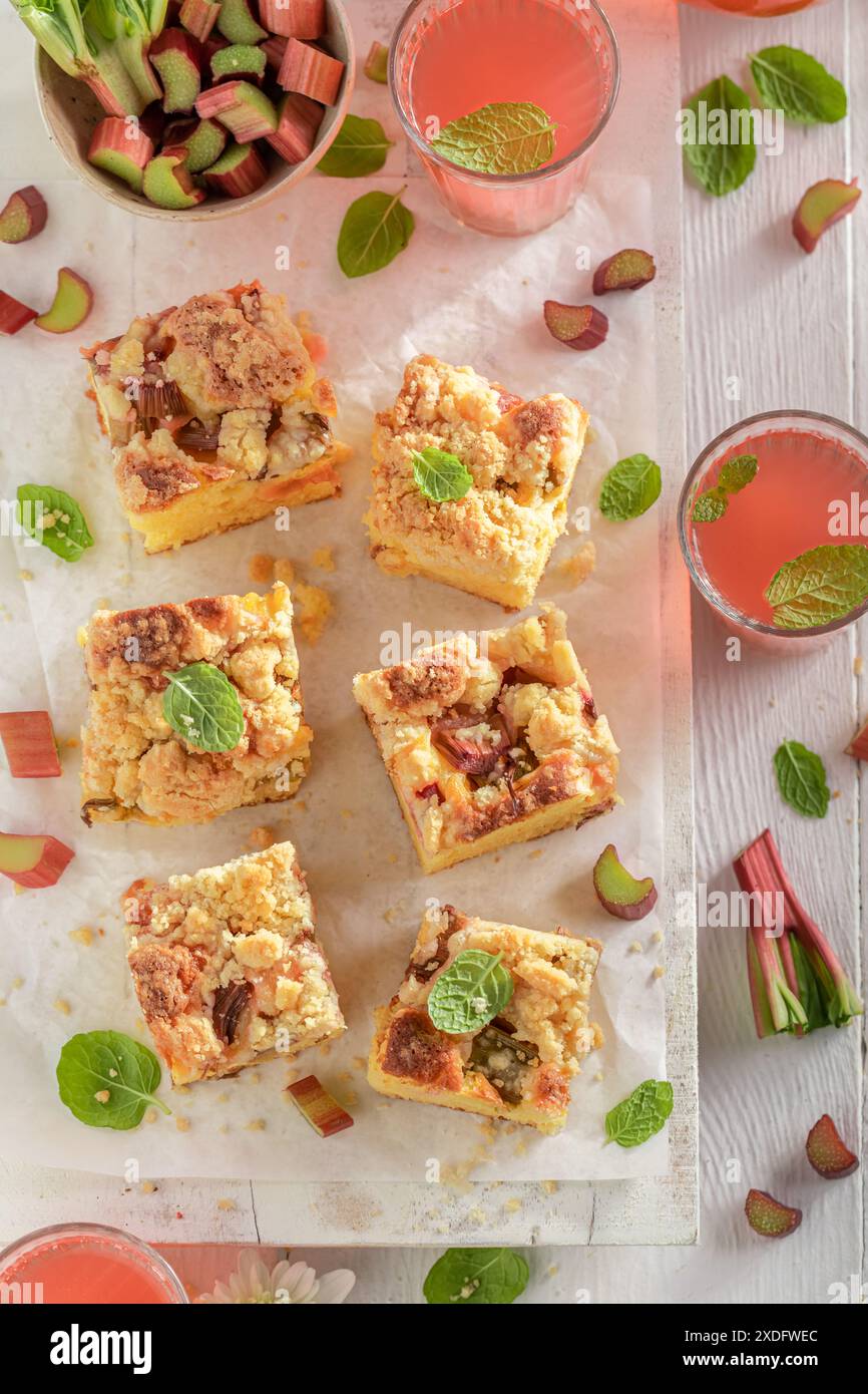 Torta fresca e gustosa con lievito di rabarbaro con zucchero e crumble. Torta al burro con crumble e rabarbaro. Foto Stock