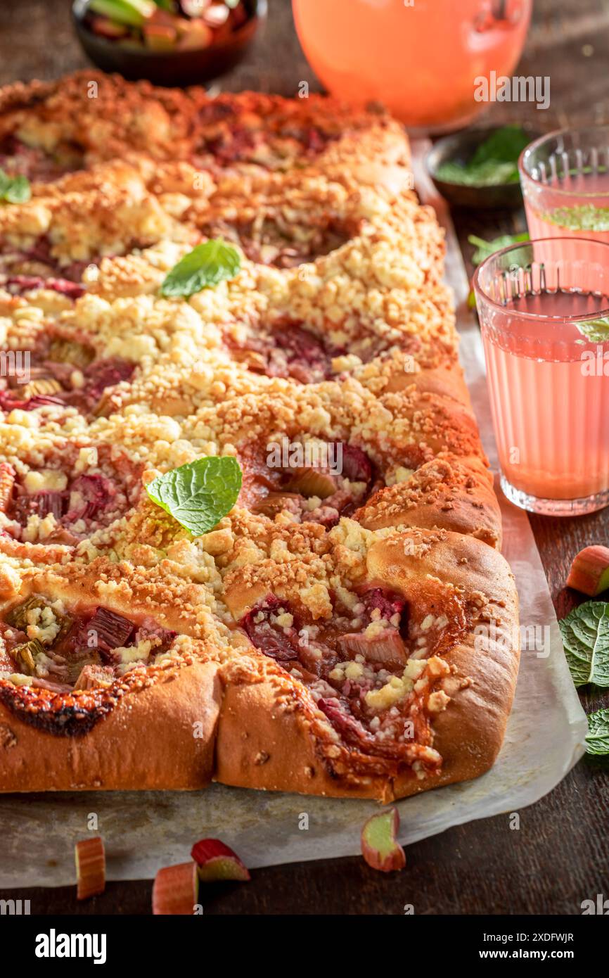 Torta al lievito di rabarbaro fresca e gustosa servita con composta di rabarbaro. Torta al burro con crumble e rabarbaro. Foto Stock