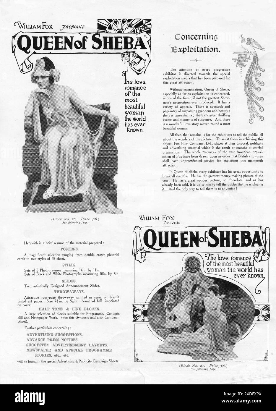 Una pagina del libro di stampa britannico originale per The Lost Silent Film LA REGINA DI SHEBA 1921 con BETTY BLYTHE nel ruolo del regista J. GORDON EDWARDS Story VIRGINIA TRACY Betty Blythe's Costumes disegnato da MARGARET WHISTLER produttore WILLIAM Fox Film Corporation Foto Stock