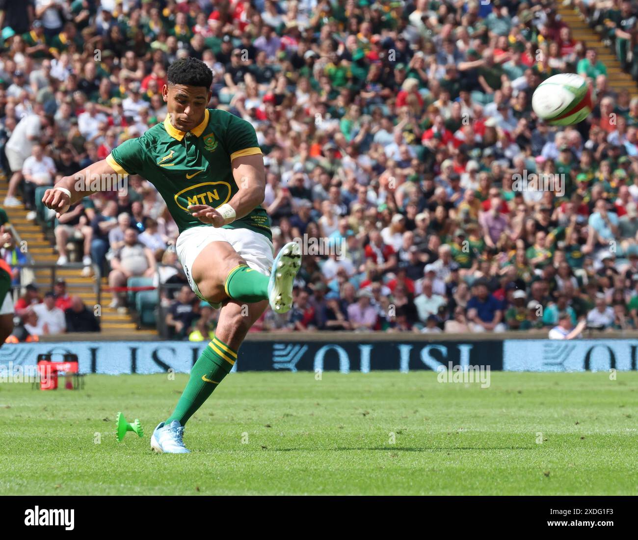 Londra, Regno Unito. 22 giugno 2024. LONDRA, REGNO UNITO, 22 GIUGNO: Sacha Feinberg-Mngomezulu del Sud Africa calci durante la partita della Qatar Airways Cup tra il Sud Africa e il Galles allo stadio Twickenham di Londra il 22 giugno 2024 Credit: Action foto Sport/Alamy Live News Foto Stock