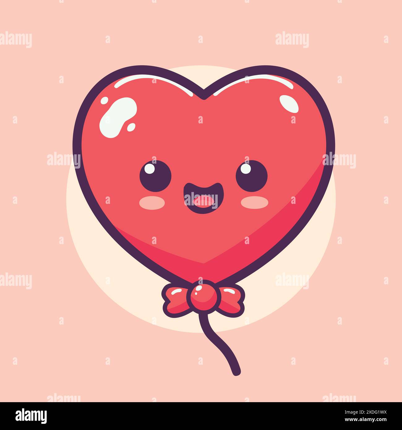 Deliziosa illustrazione di un palloncino sorridente a forma di cuore con un bel viso e un fiocco in stile kawaii. Ideale per design a tema, biglietti d'auguri e allegri progetti grafici. Opere d'arte giocose e divertenti. Illustrazione Vettoriale