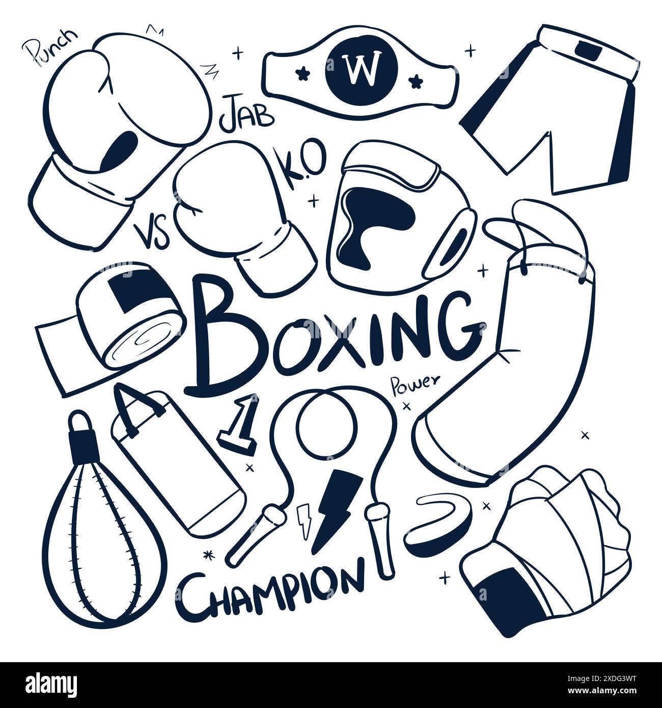 Icone vettoriali del disegno di boxe. Illustrazioni disegnate a mano con scarabocchi sportivi. Vettoriale di boxe Illustrazione Vettoriale