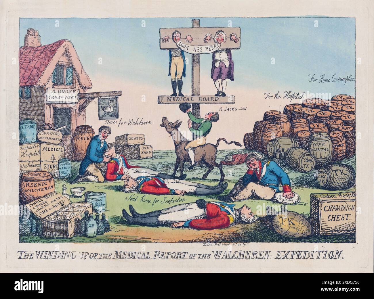 Thomas Rowlandsons incisione satira la Walcheren Inquiry del 1810, mostrando i membri dell'Army Medical Board appesi a un cartello etichettato Medical Board. I soldati feriti stanno morendo a terra, circondati da barili di vino Tokay, simboleggiando il lusso delle tavole rispetto alle esigenze dei soldati. Questa critica satirica mette in evidenza l'incompetenza e la corruzione dei consigli, offrendo un commento umoristico ma toccante sulle dure realtà della guerra. Foto Stock