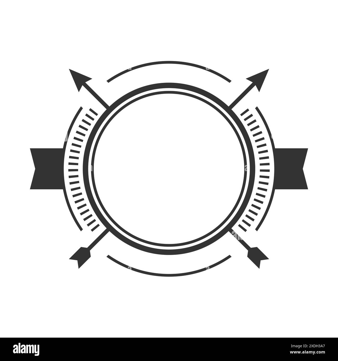 Logo freccia su sfondo bianco. Modello di logotipo moderno con spazio di copia. Elegante logo cerchio retrò con due frecce e due nastri. Design alla moda Illustrazione Vettoriale