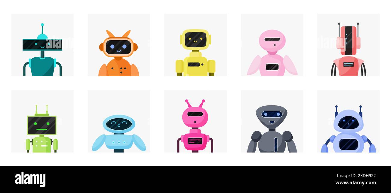 Chatbot avatar carini in diversi colori. Divertenti ritratti di bot in chat GPT e assistenti virtuali, semplici robot con volti di cerchio, rettangolari e triangoli illustrazioni vettoriali di cartoni animati Illustrazione Vettoriale