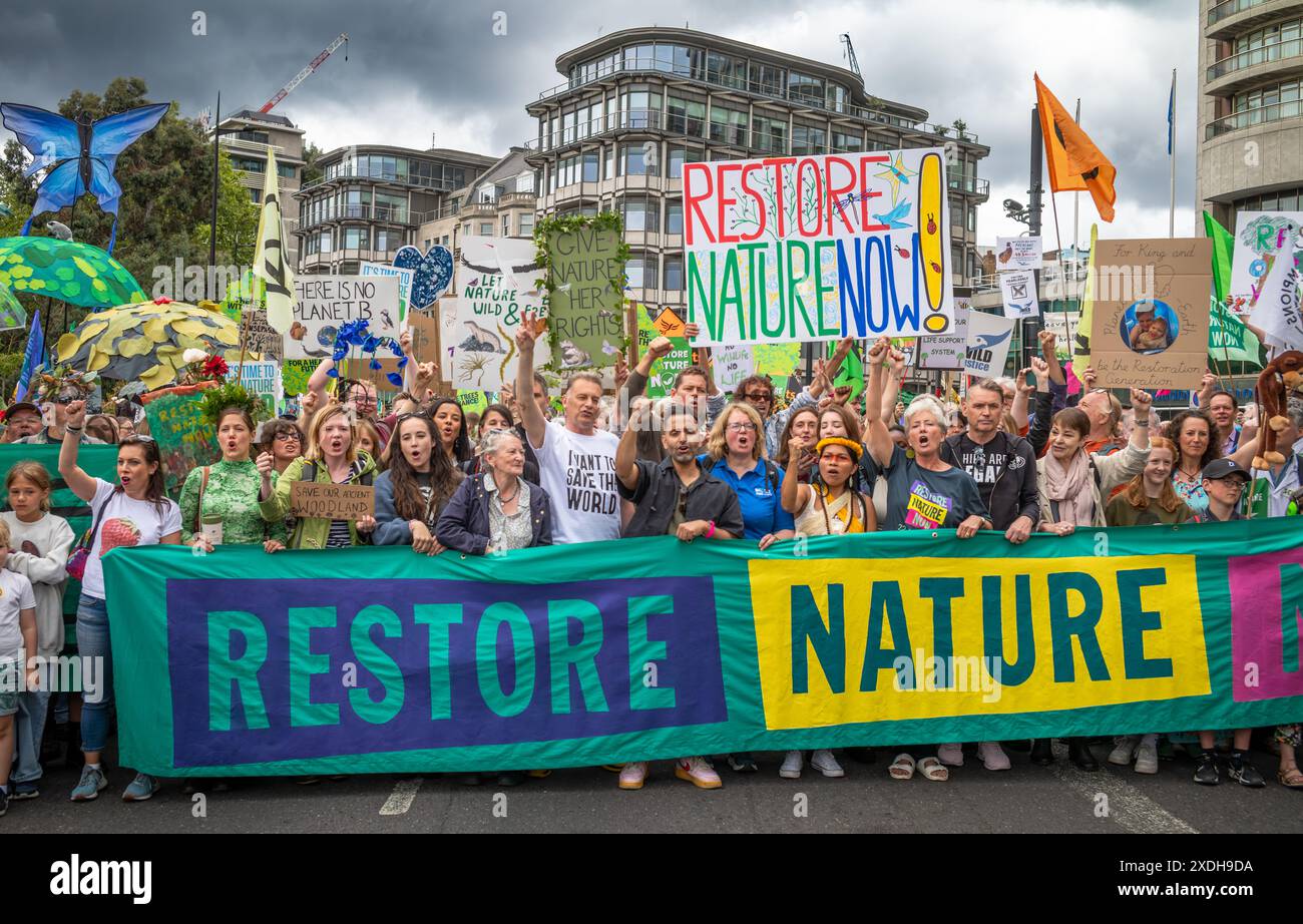 Londra / Regno Unito - 22 giugno 2024: Celebrità Chris Packham, Emma Thomson, Dave Vince, Caroline Lucas davanti al Restore Nature Now March for Environmental Protection. Le organizzazioni presenti includevano RSPB, WWF, National Trust, Extinction Rebellion e altri. Foto Stock