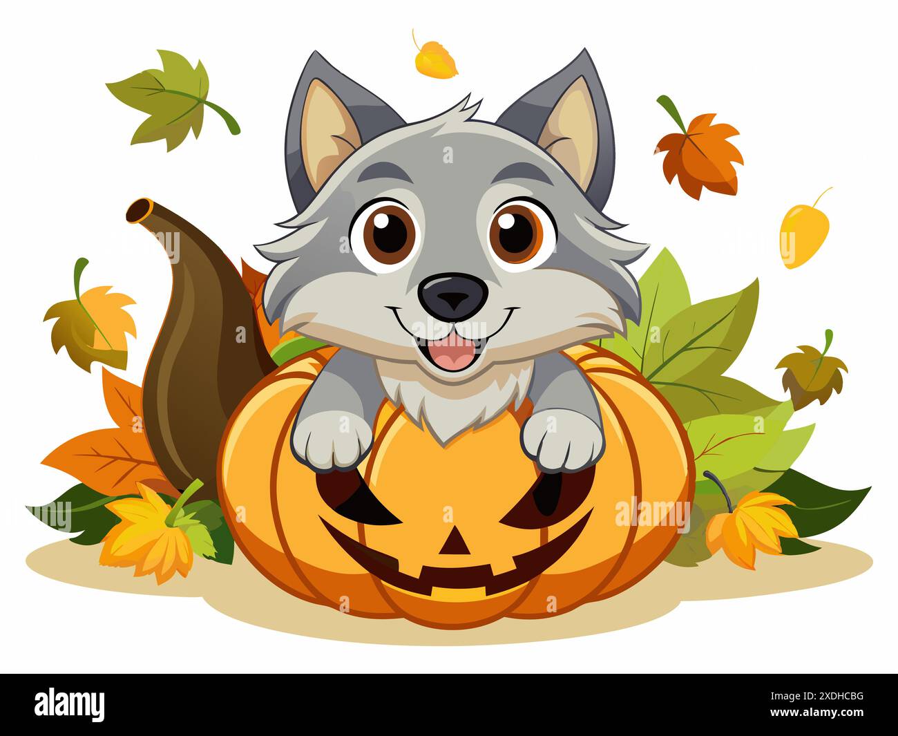 Simpatico cucciolo di lupo in un ambiente a tema Halloween con zucche intagliate e foglie autunnali. Concetto di arte animale festiva, illustrazione stagionale e vacanza Illustrazione Vettoriale