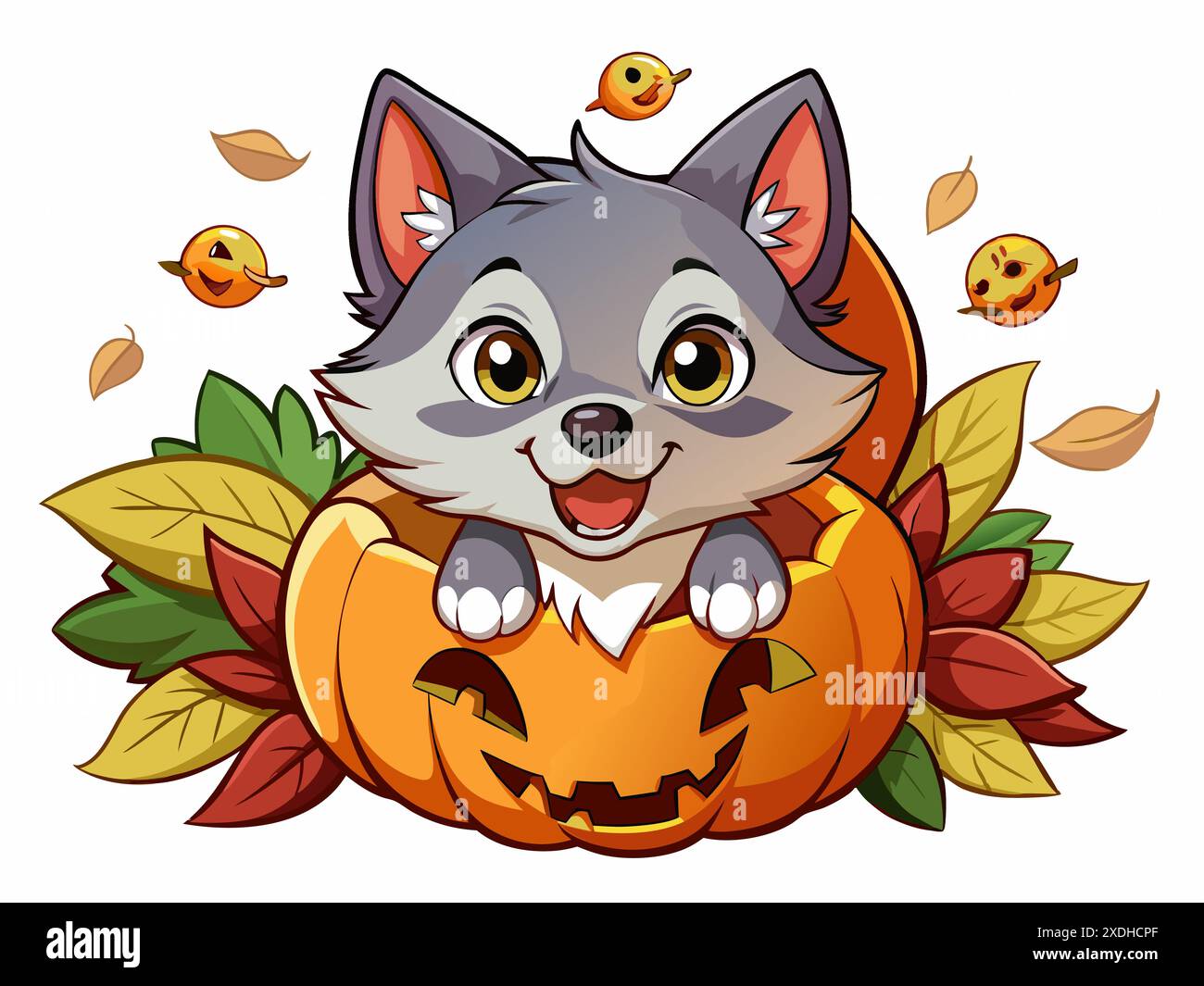 Simpatico cucciolo di lupo in un ambiente a tema Halloween con zucche intagliate e foglie autunnali. Concetto di arte animale festiva, illustrazione stagionale e vacanza Illustrazione Vettoriale