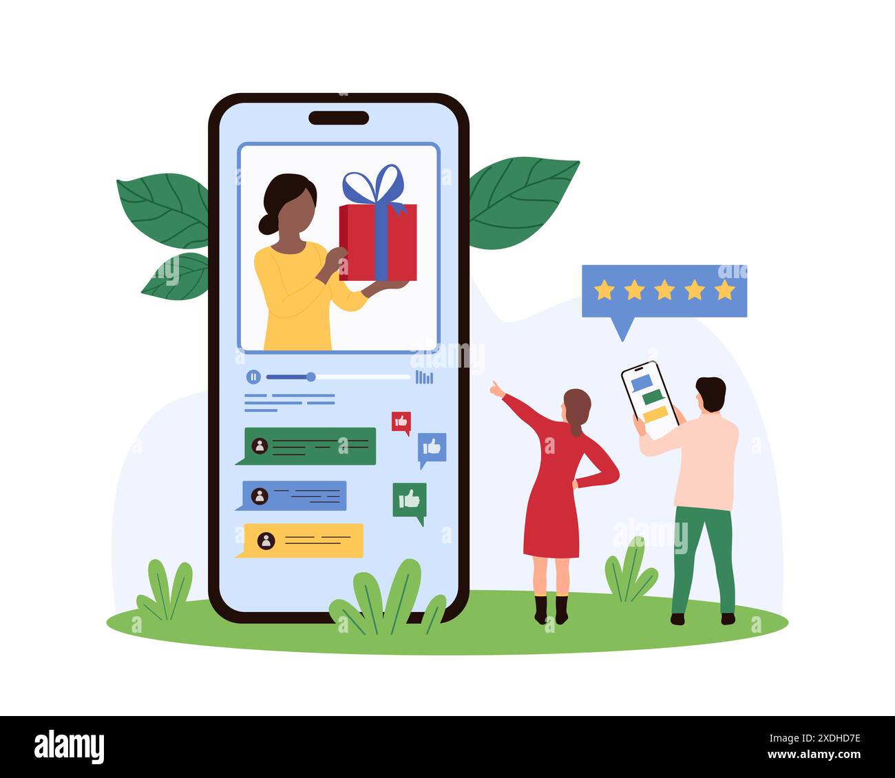 Premi in palio sul blog dei social media, programma di referral e bonus per gli amici. Blogger sullo schermo dello smartphone che regge una confezione regalo da regalare ai piccoli seguaci un'illustrazione vettoriale dei cartoni animati online Illustrazione Vettoriale