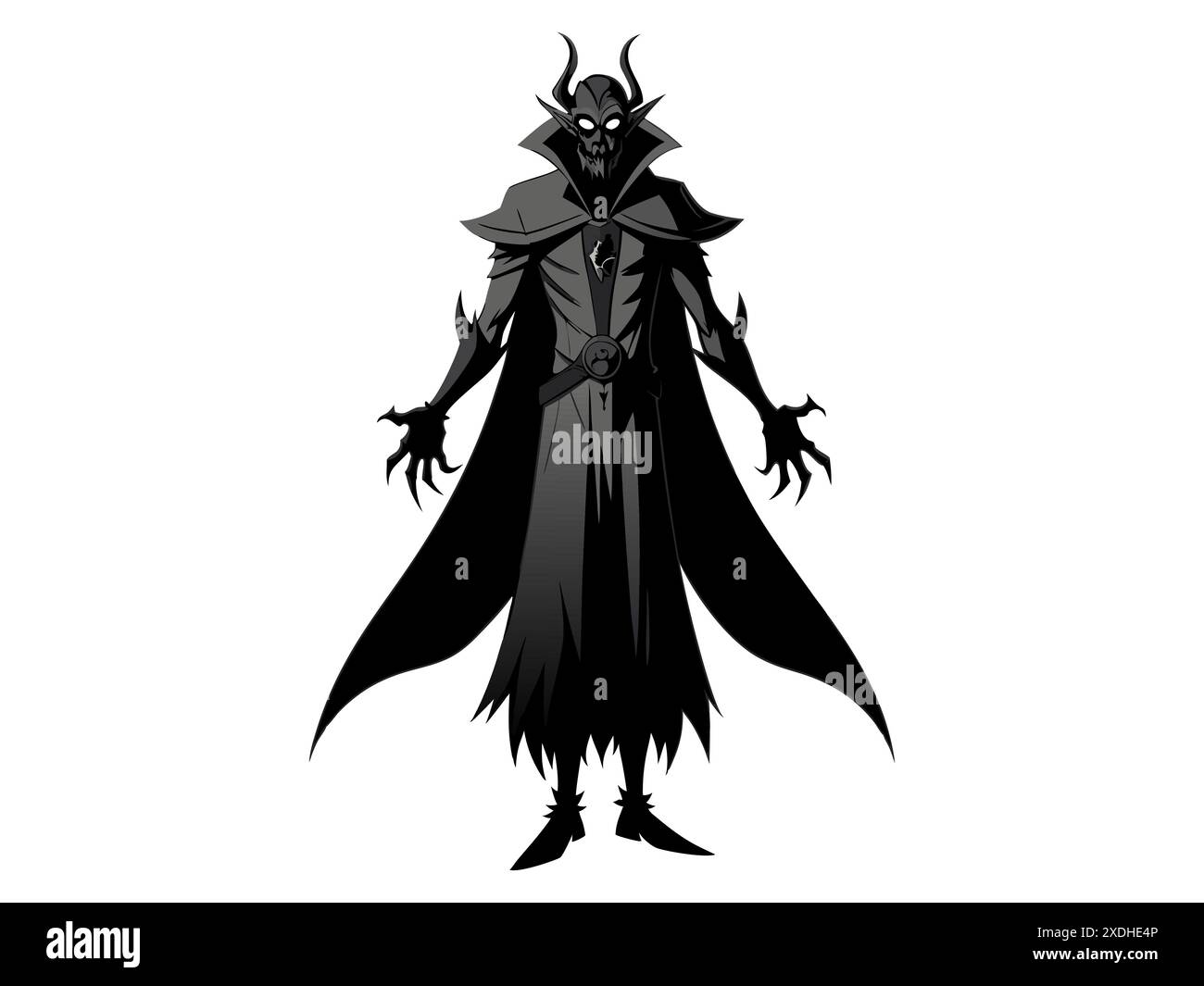 Silhouette nera di un minaccioso vampiro isolato su uno sfondo bianco. Concetto di horror, cattivo gotico, dark fantasy, stile minimalista. Stampa, Desig Illustrazione Vettoriale