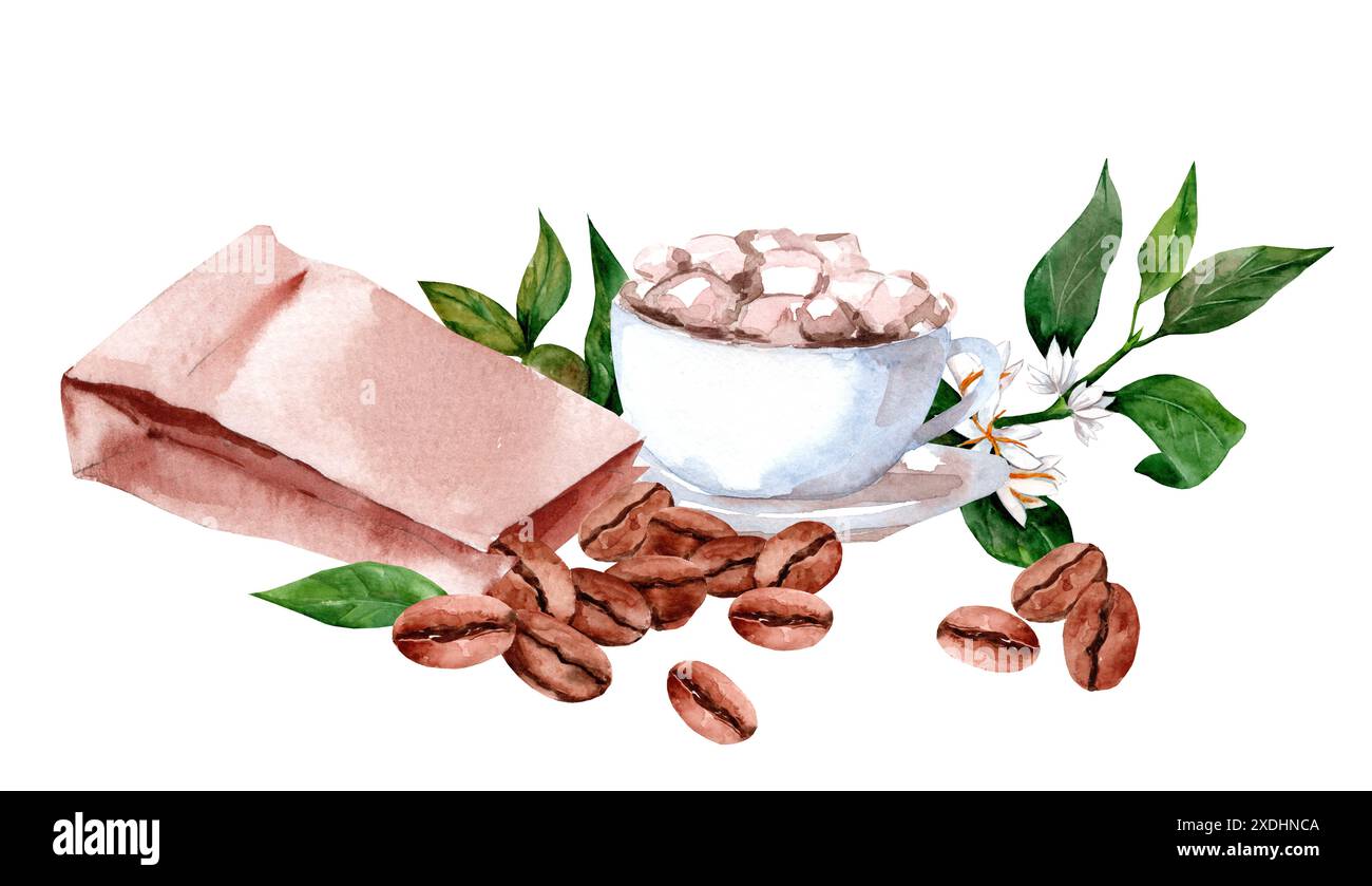 Chicchi di caffè in una borsa artigianale. Bacche di caffè e una tazza. Illustrazione disegnata a mano con acquerello Foto Stock
