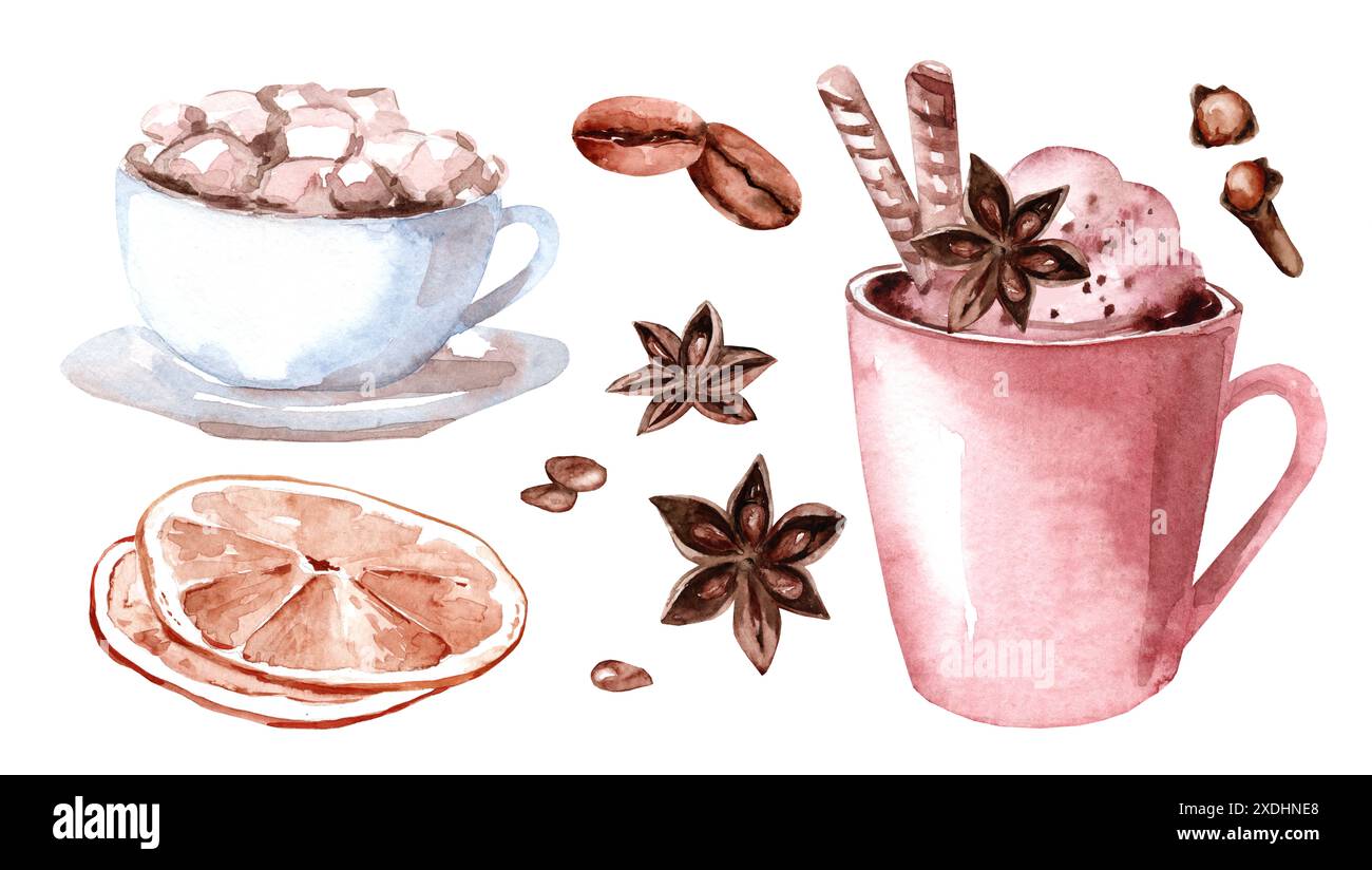 Illustrazione ad acquerello del caffè con cannella. Bevanda autunnale calda con anice stellato, arance e spezie di chiodi di garofano. Modello di progettazione per la confezione, menu A. Foto Stock