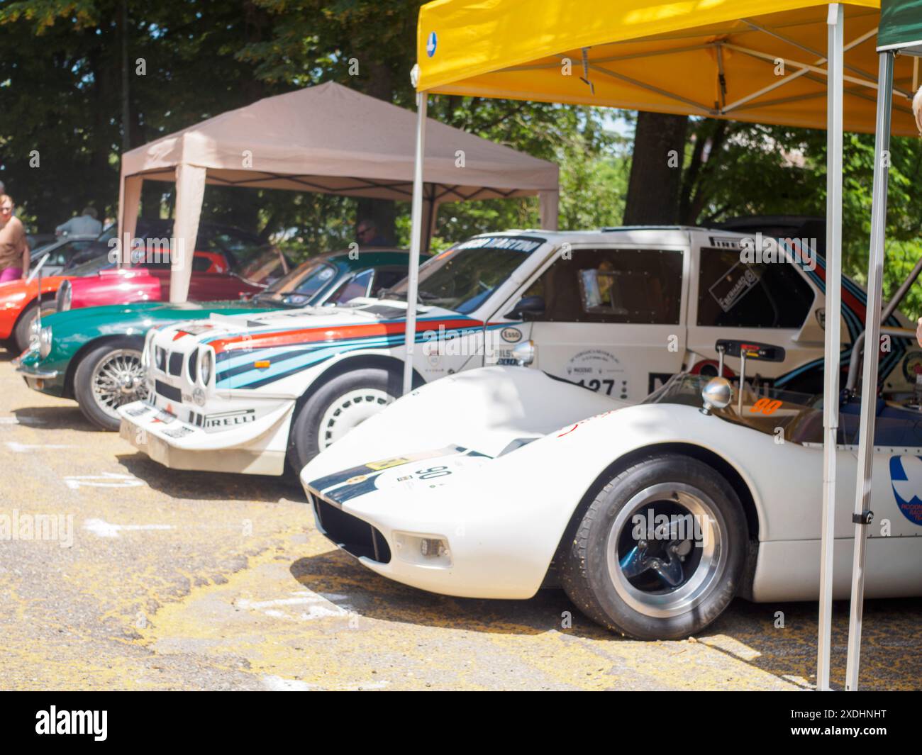 Castellarquato, Italia - 22 giugno 2024 Rally bandiera Argento , vettura da corsa classica bianca parcheggiata al sole tra le altre auto da corsa d'epoca durante un Foto Stock