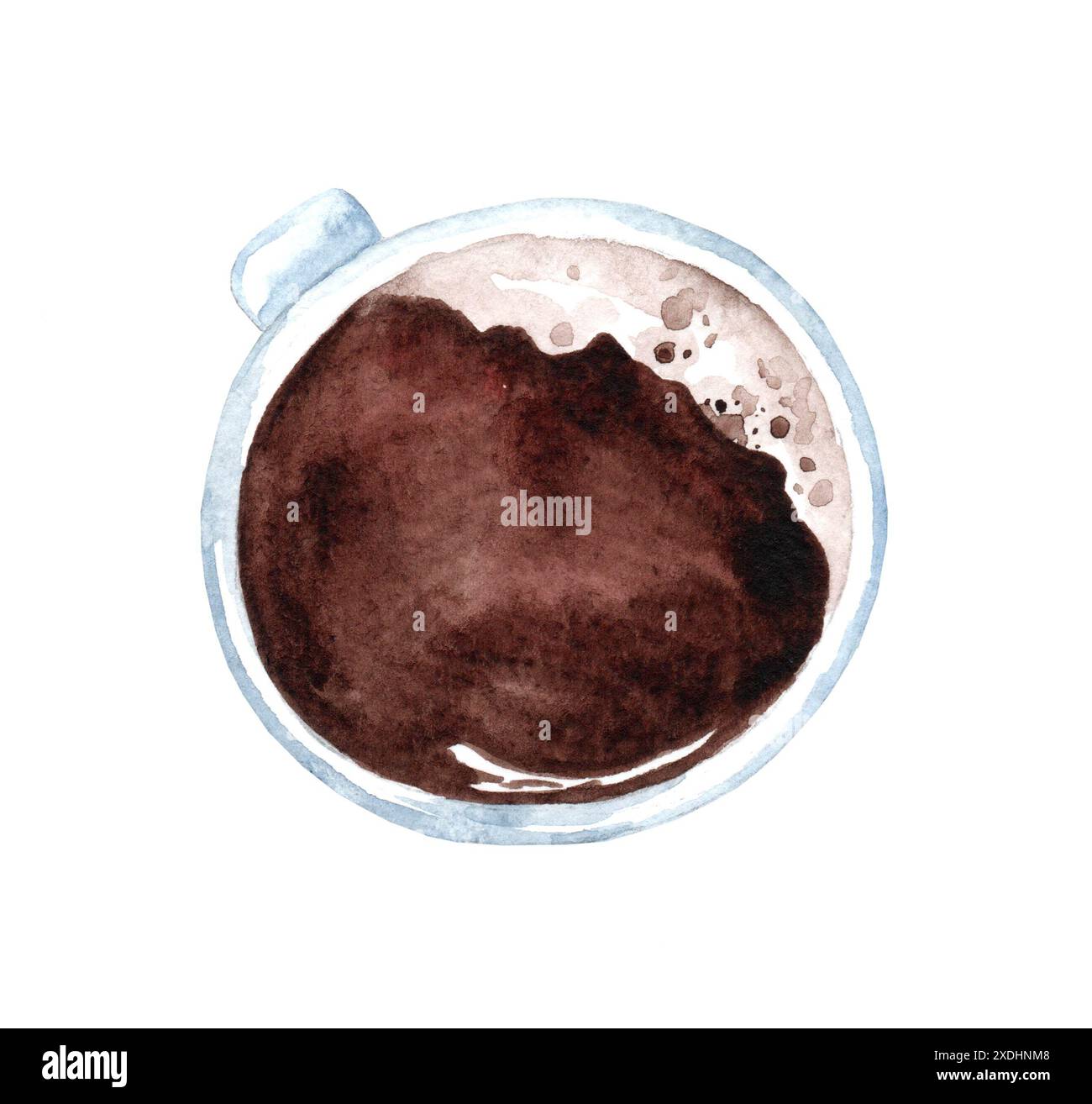 Tazza con caffè caldo su sfondo bianco. Illustrazione acquerello. Espresso, americano. Vista dall'alto. Foto Stock