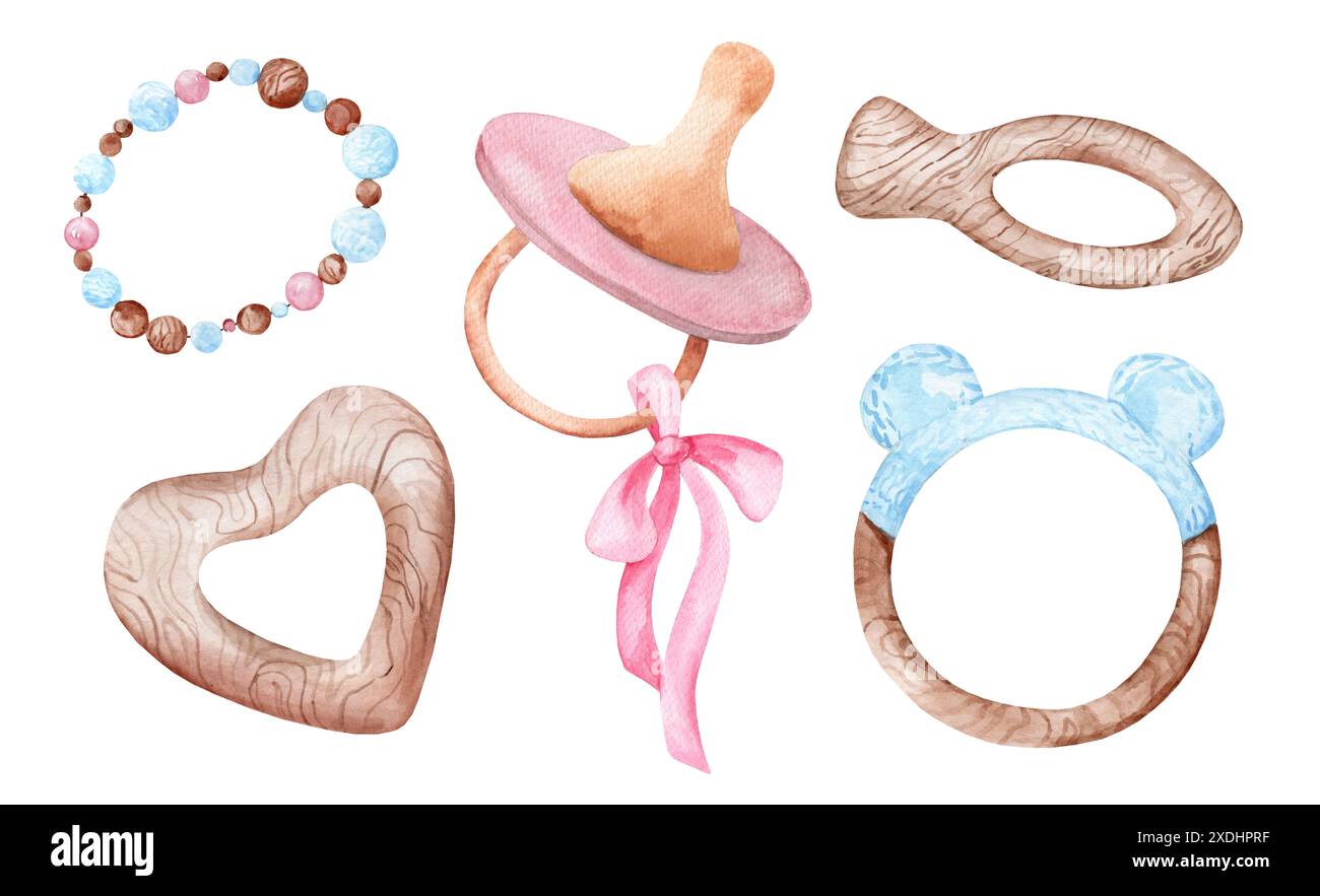 Collezione acquerelli di giocattoli in legno per neonati. Succhietti e chewer per bambini isolati su sfondo bianco Foto Stock