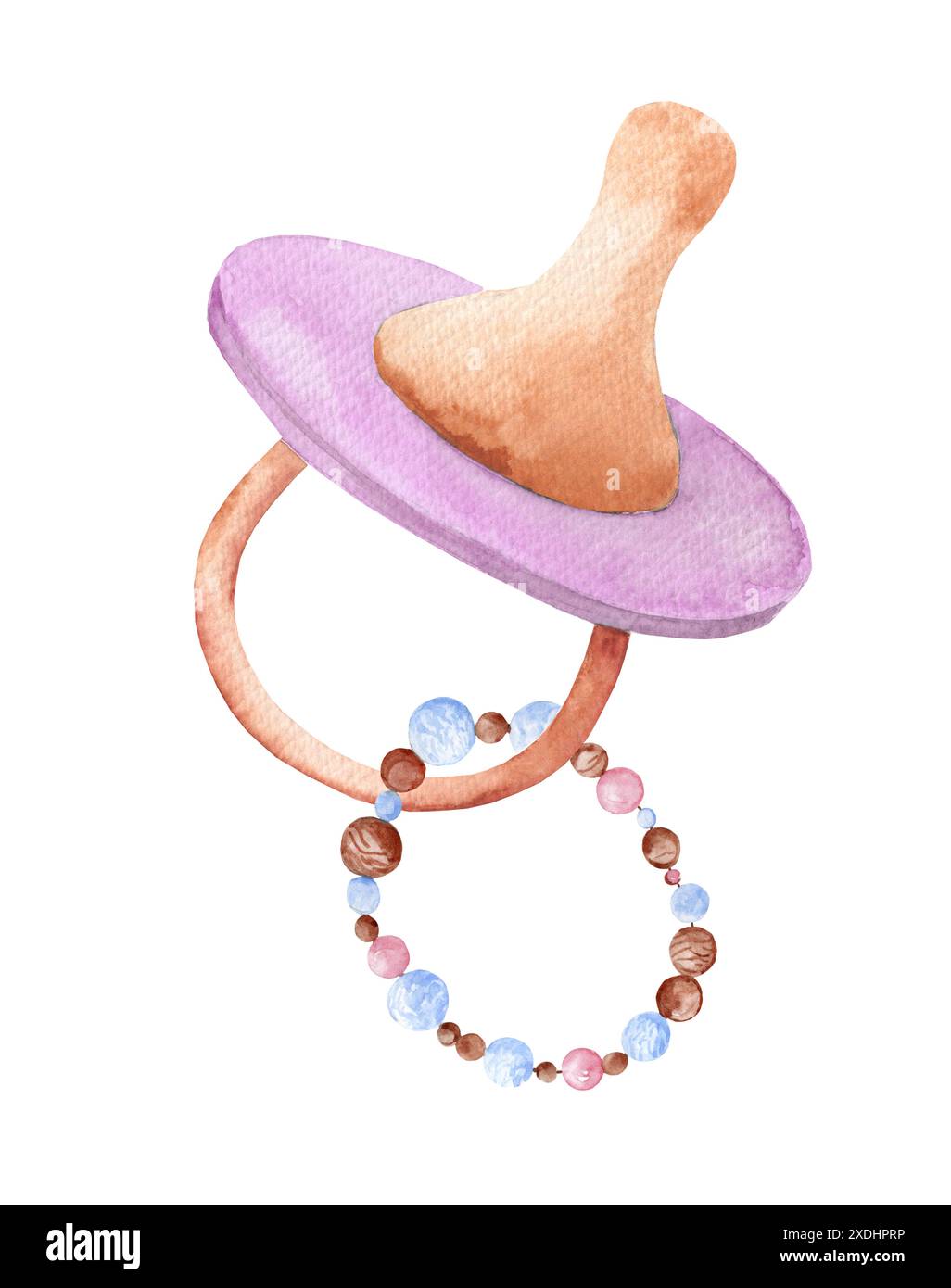 Succhietto rosa acquerello per neonati. Giocattoli per bambini isolati su sfondo bianco. Illustrazione per la stanza dei bambini e il design della confezione Foto Stock