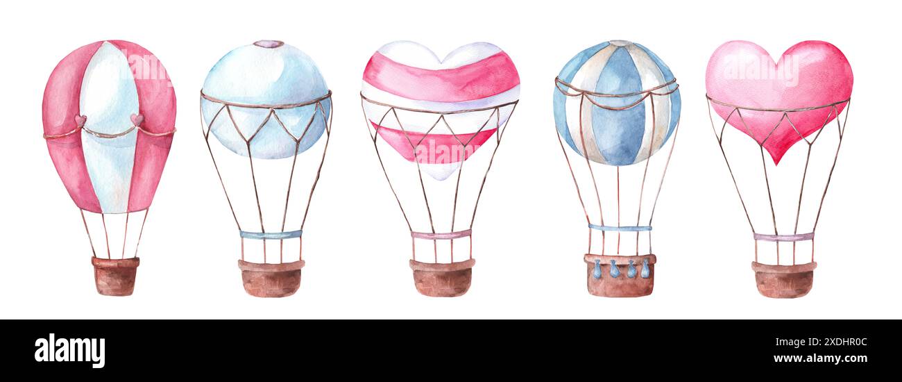 Set di acquerelli con palloncini d'epoca con cesti. Illustrazioni di aeromobili a forma di cuore isolato su sfondo bianco. Disegni per raschietto Foto Stock