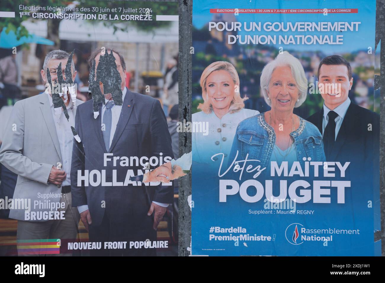 Corrèze, Francia. 23 giugno 2024. Francois Hollande candidato alle elezioni legislative del 30 giugno e del 7 luglio 2024 a Corrèze. Manifesto elettorale dell'ex presidente della Repubblica francese Francois Hollande candidato per essere deputato del primo collegio elettorale del dipartimento di Corrèze. Fa parte della coalizione elettorale "nuovo fronte Popolare/Nouveau Front Populaire”. Le elezioni legislative anticipate in Francia seguono lo scioglimento dell'Assemblea nazionale da parte del presidente della Repubblica francese Emmanuel Macron. Emmanuel Macron ha deciso di sciogliere l'Assemblea nazionale in risposta al Foto Stock