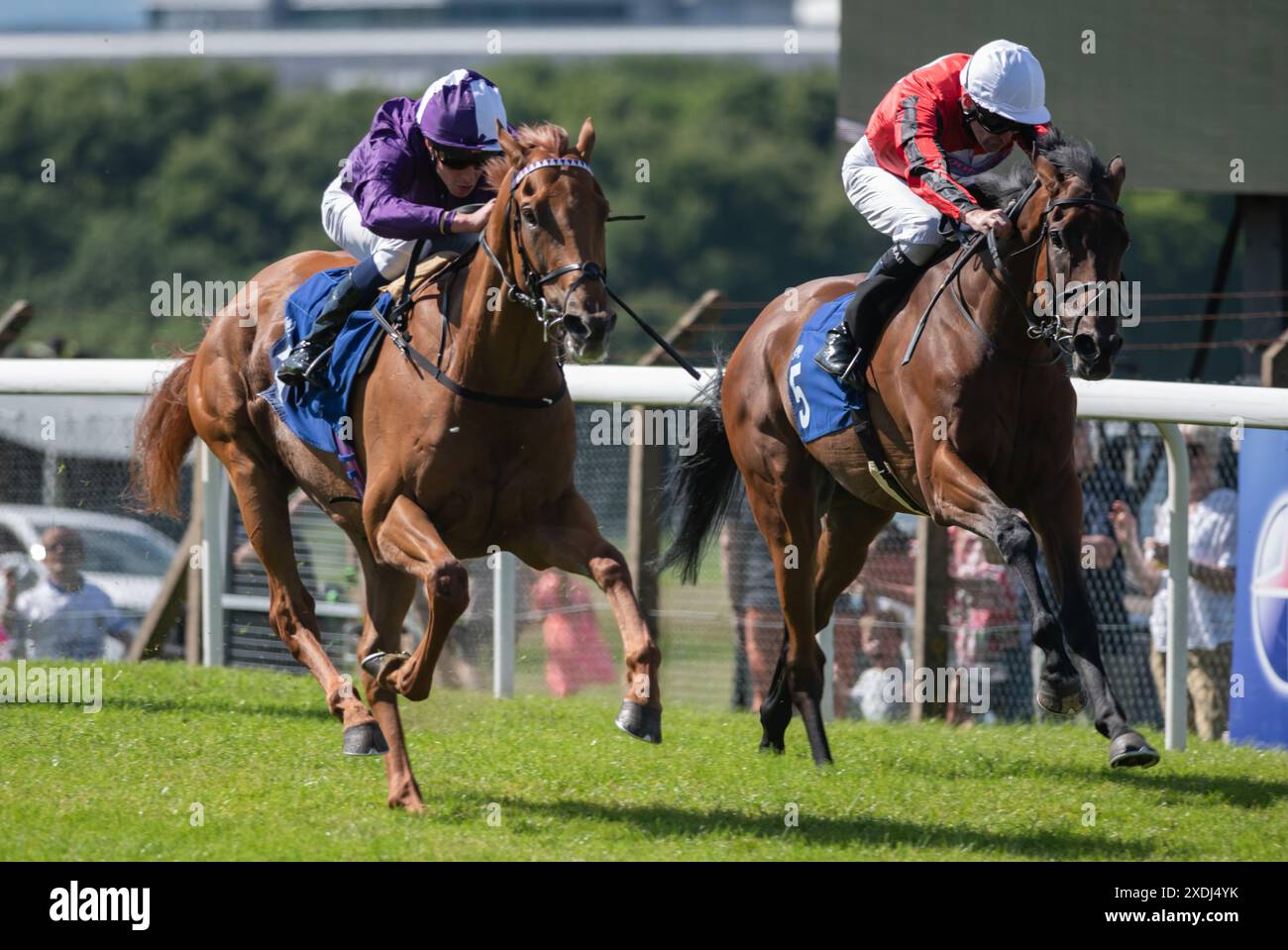 Pontefract, Yorkshire, domenica 23 giugno 2024; Forceful Speed e il fantino William Buick vincono il Tribute Bands Family Day domenica 28 luglio handicap per l'allenatore George Boughey e proprietario amo Racing Limited. Crediti JTW equine Images / Alamy Live News. Foto Stock