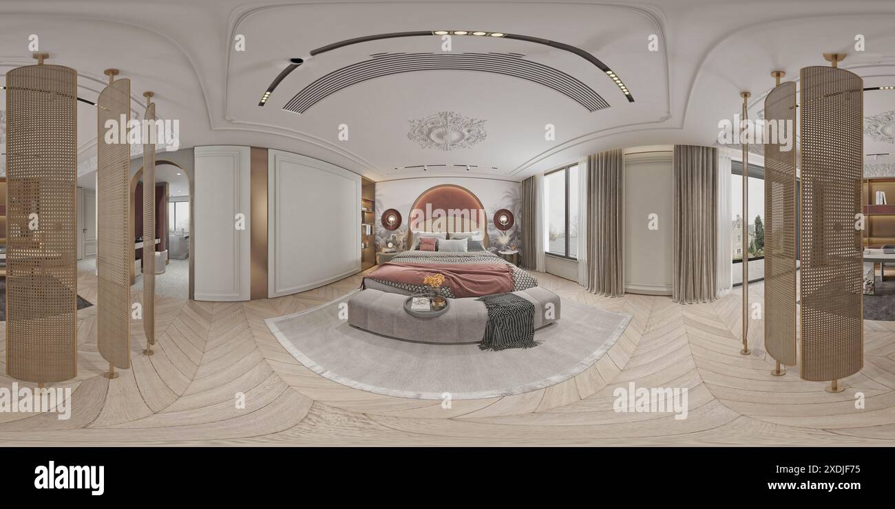 rendering 3d della moderna camera d'albergo, vista a 360 gradi Foto Stock