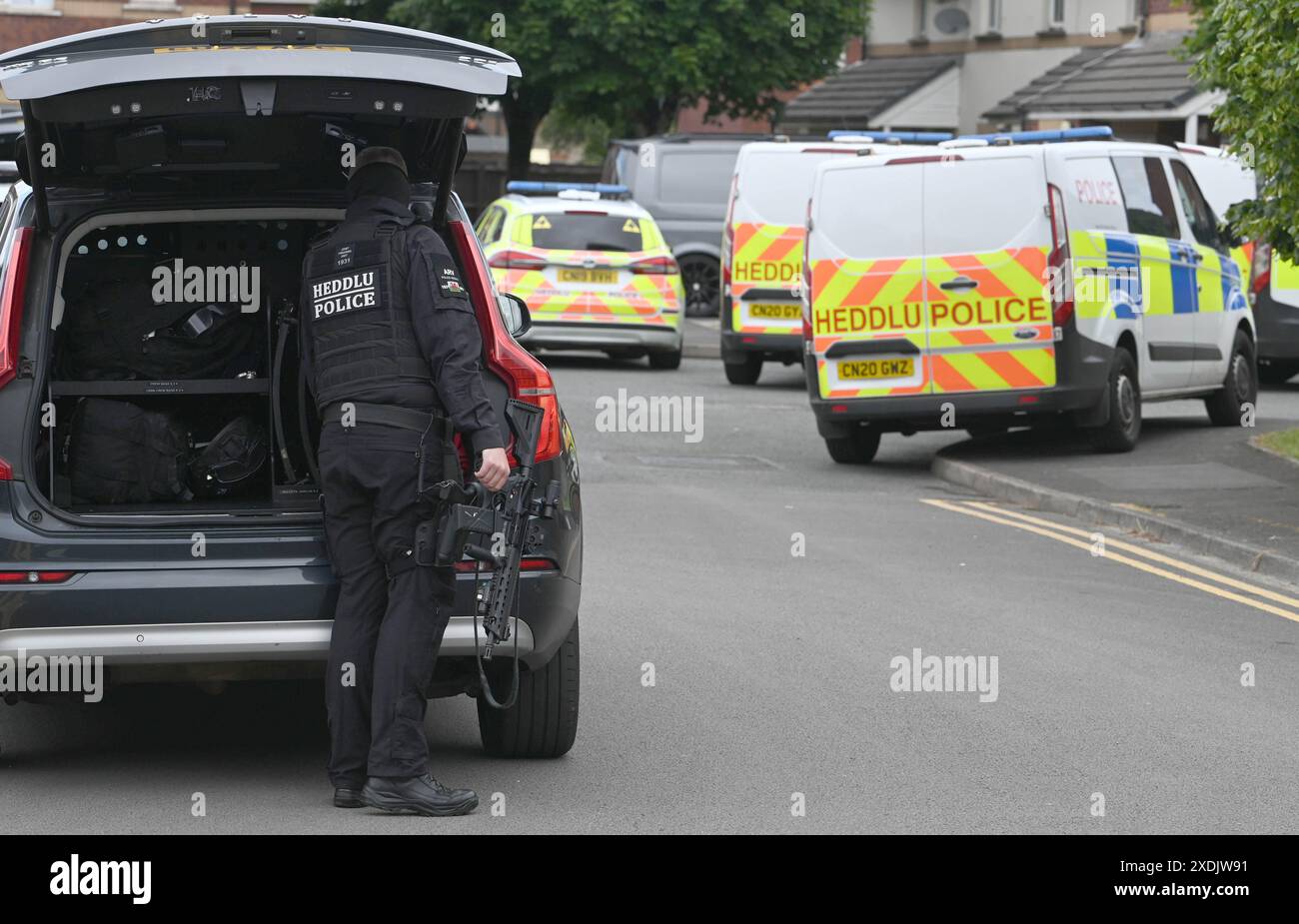 17 giugno 2024, Aberavon, Galles. Agenti di polizia armati sulla scena di un sospetto attacco di cani ad Aberavon, Port Talbot, stamattina. Una persona è stata portata in ospedale e i residenti nelle vicinanze sono stati chiusi dalla polizia mentre affrontavano la situazione. Si ritiene che il cane fosse un tipo di bullo XL come era sedato dagli ufficiali. Foto Stock