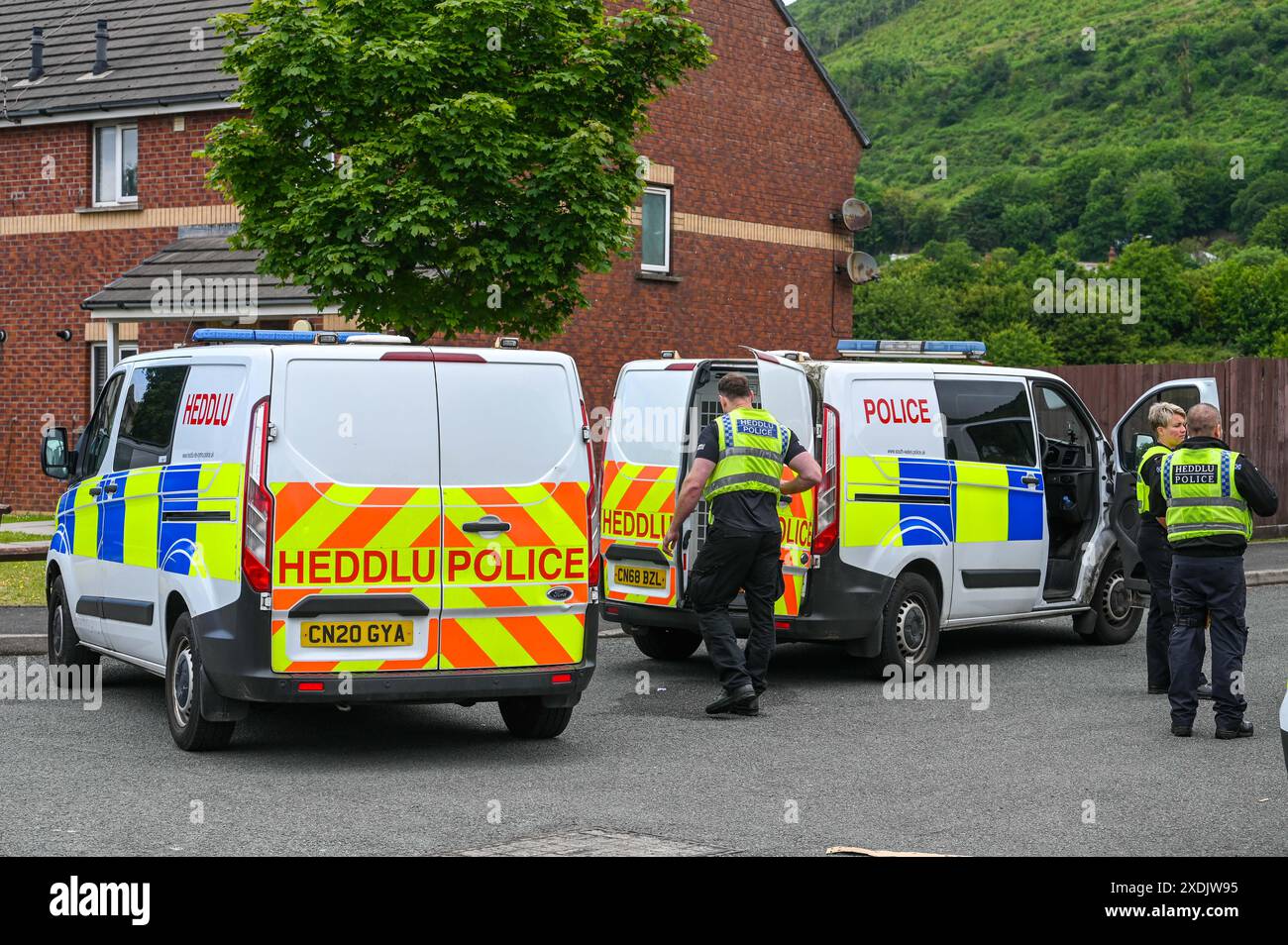 17 giugno 2024, Aberavon, Galles. Agenti di polizia armati sulla scena di un sospetto attacco di cani ad Aberavon, Port Talbot, stamattina. Una persona è stata portata in ospedale e i residenti nelle vicinanze sono stati chiusi dalla polizia mentre affrontavano la situazione. Si ritiene che il cane fosse un tipo di bullo XL come era sedato dagli ufficiali. Foto Stock