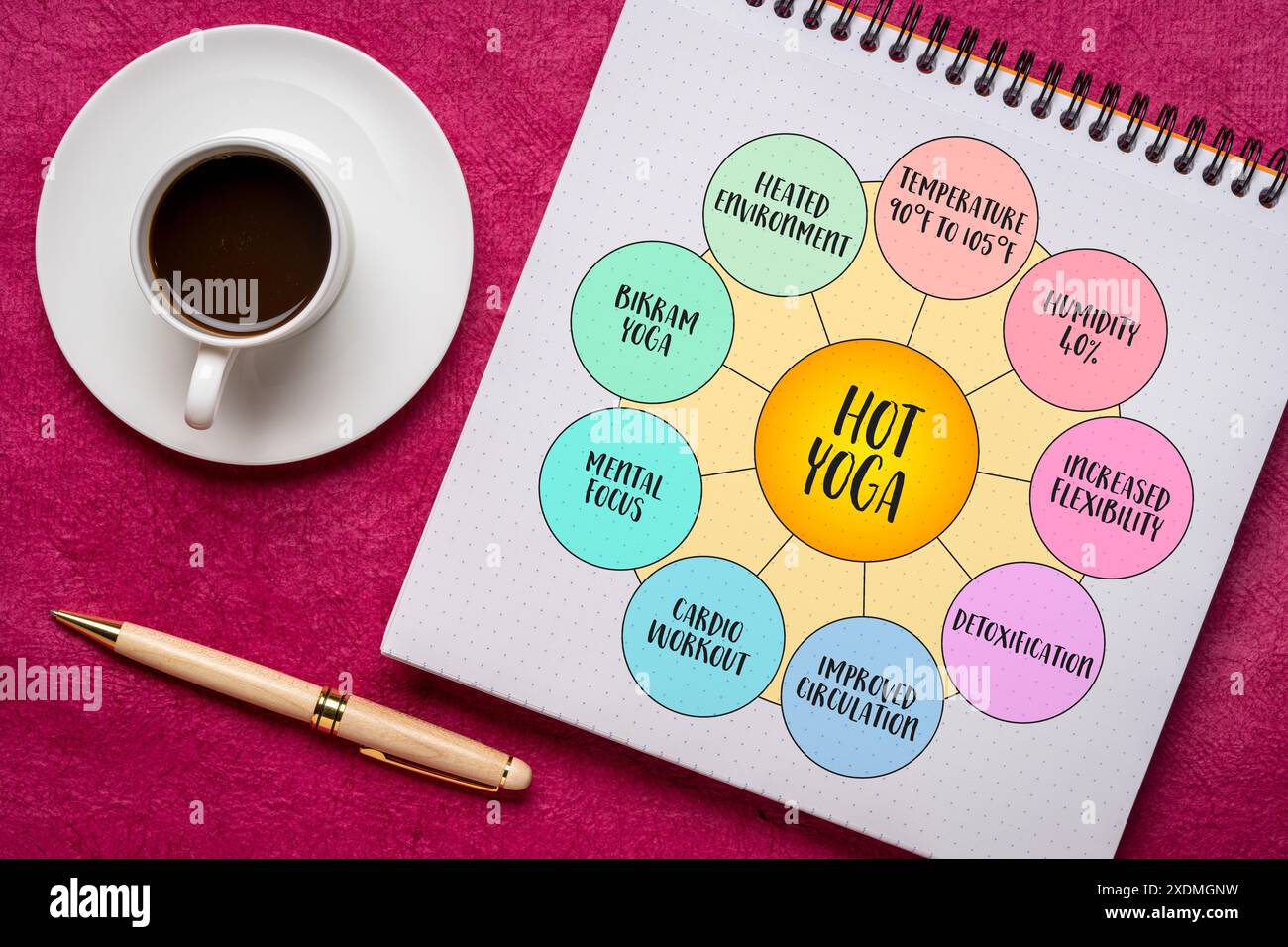 yoga caldo, pratica eseguita in un ambiente caldo e umido, diagramma infografico Foto Stock