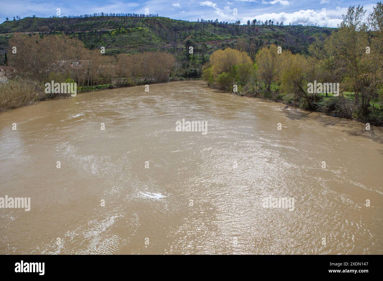 Il fiume Arga scorre torbido a Puente la Reina-Gares, Navarra, Spagna. Foto Stock
