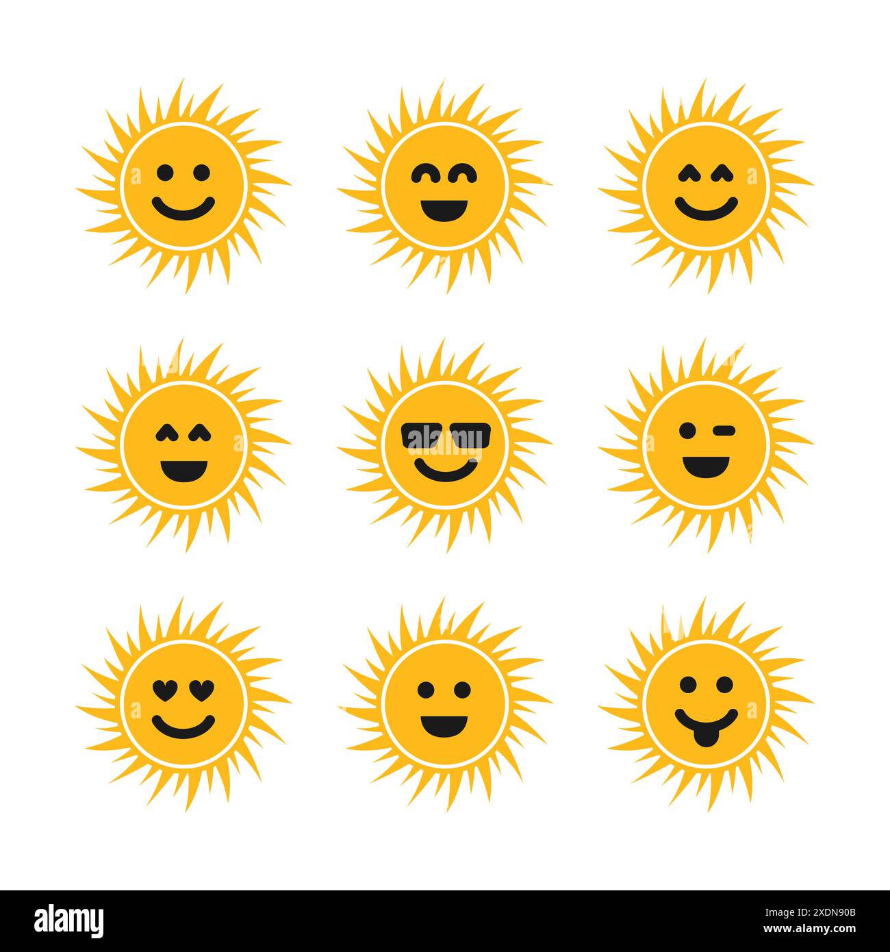 Tramonti di sole con sorrisi. Nove soli gialli con sorriso diverso. Illustrazione vettoriale Illustrazione Vettoriale