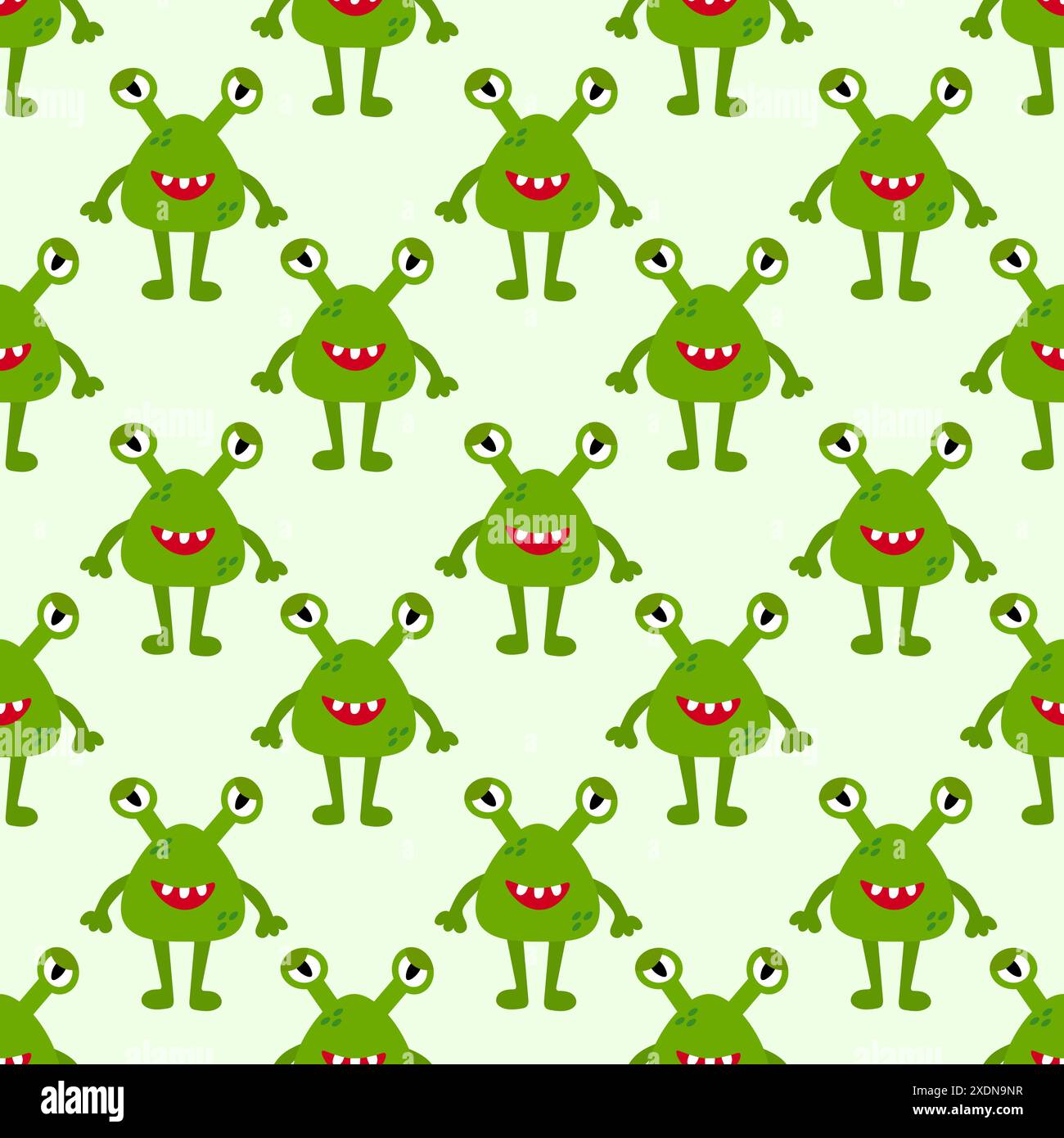 Simpatico motivo verde alieno o mostro senza cuciture. Design per bambini. Illustrazione piatta vettoriale. Illustrazione Vettoriale
