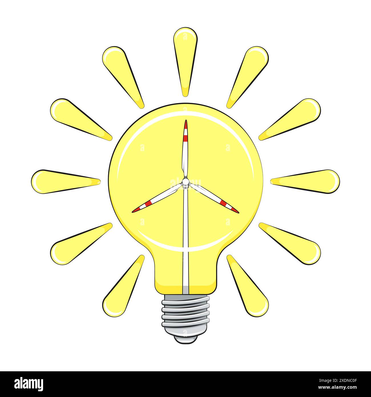 Сolor illustrazione con lampadine, turbina eolica, raggi, energia verde, energia solare. Oggetto vettoriale isolato su sfondo bianco. Illustrazione Vettoriale