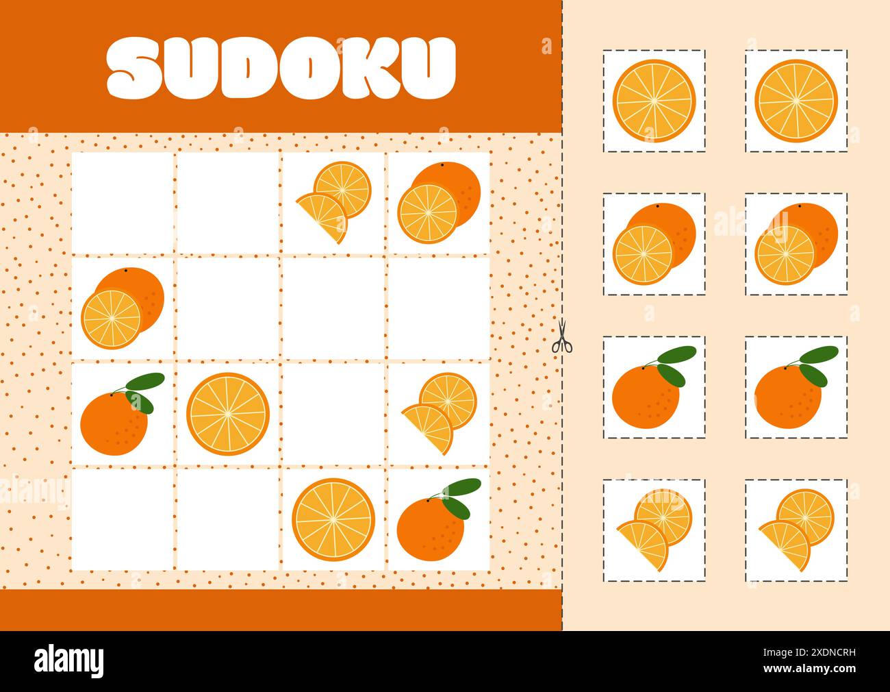 Sudoku con foto di arance. Puzzle di logica per bambini Illustrazione Vettoriale