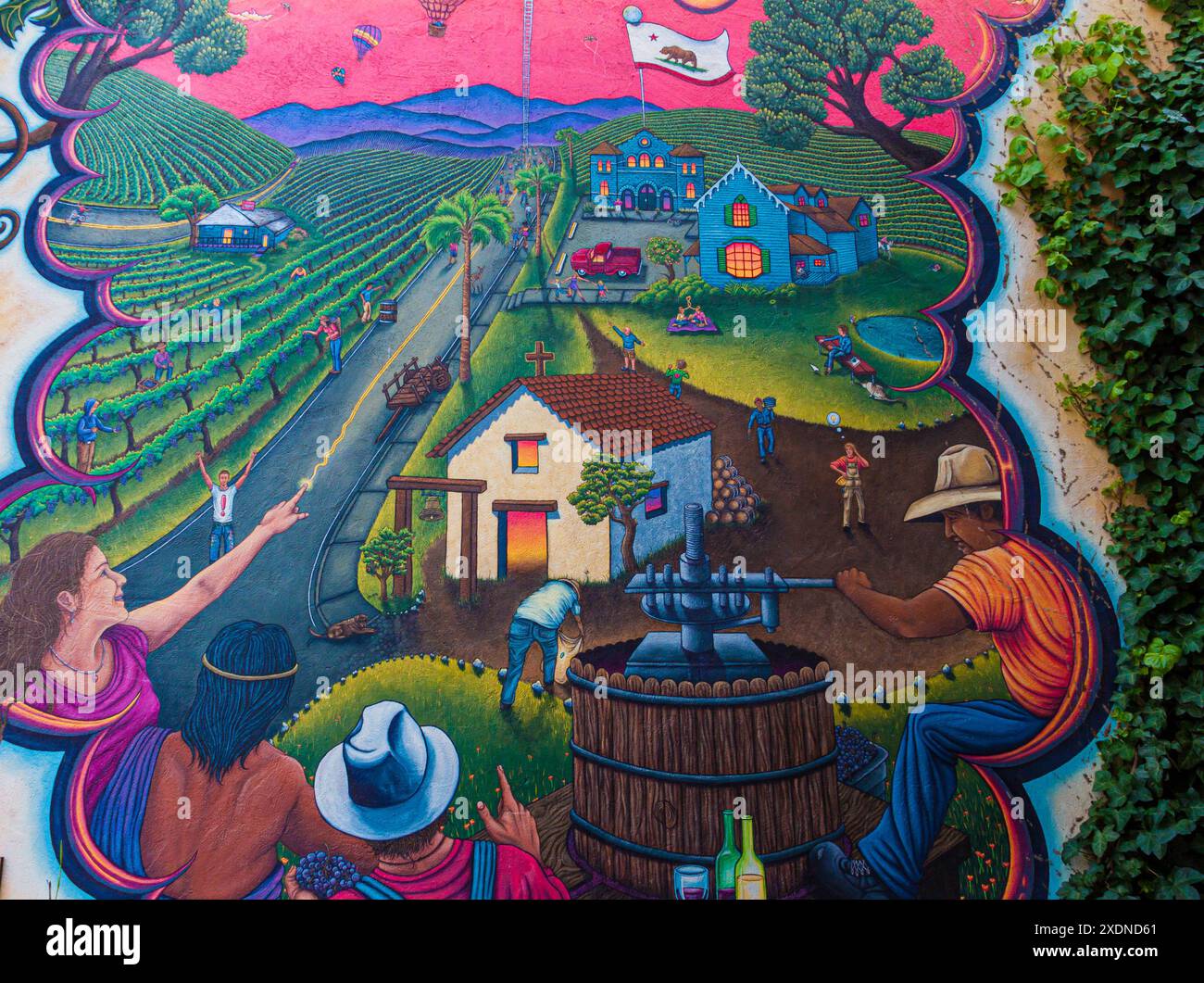 Murale raffigurante la vita nella Sonoma Valley nel centro di Sonoma, California, USA Foto Stock