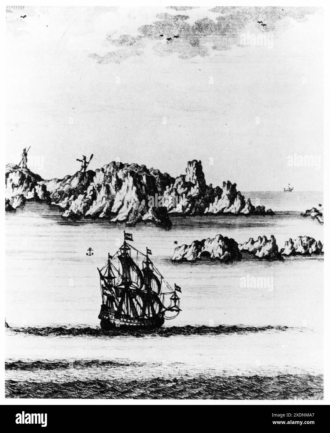 Incisione di Abel Tasman vicino alle Isole Three Kings in nuova Zelanda nel 1642. La didascalia originale, tradotta in Engalish, recita: States Land Berzylt e scoperta con le navi/Heemskerk e i marinai sotto il comando di Abel Tasman nel 1642. Foto Stock