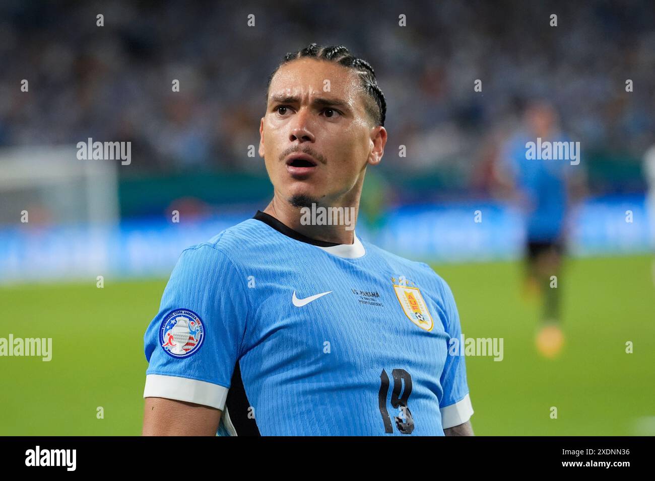 Uruguay's Darwin Nunez celebrates after scoring his side's 2nd goal against Panama during a Copa America Group C soccer match in Miami Gardens, Fla, Sunday, June 23, 2024. (AP Photo/Marta Lavandier) Foto Stock