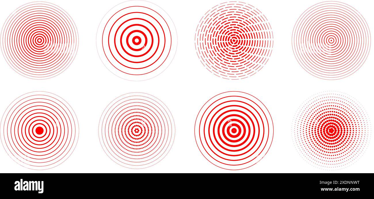 Cerchi concentrici rossi impostati. Sonar radiale o suoneria a onde sonore. Mezzitoni, linee tratteggiate e tratteggiate per epicentro, target, pacchetto di simboli radar. Elementi vibranti concentrici con segnale increspato. Vettore Illustrazione Vettoriale