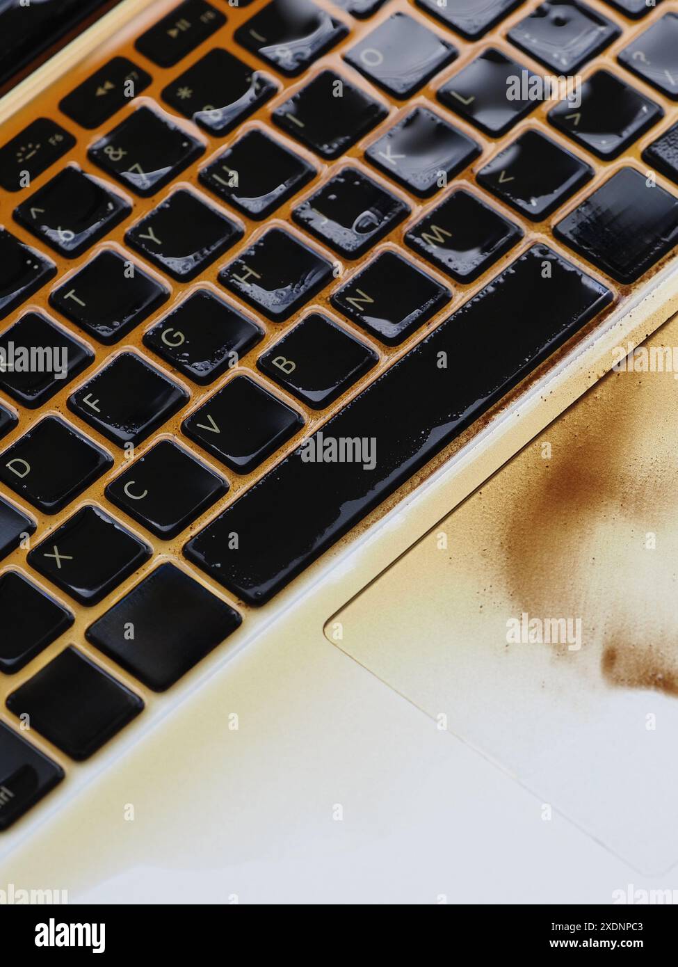 Caffè versato sulla tastiera del computer portatile. Foto Stock