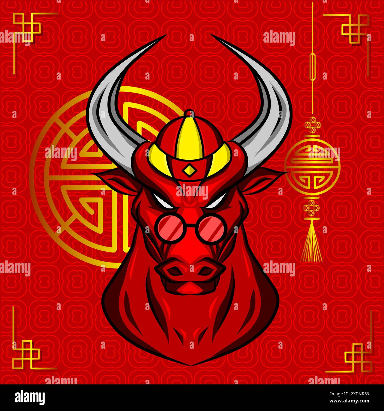 Bue selvatico toro di mucca di bufalo simbolo zodiaco cinese, mascotte con logo sul nuovo anno lunare Illustrazione Vettoriale