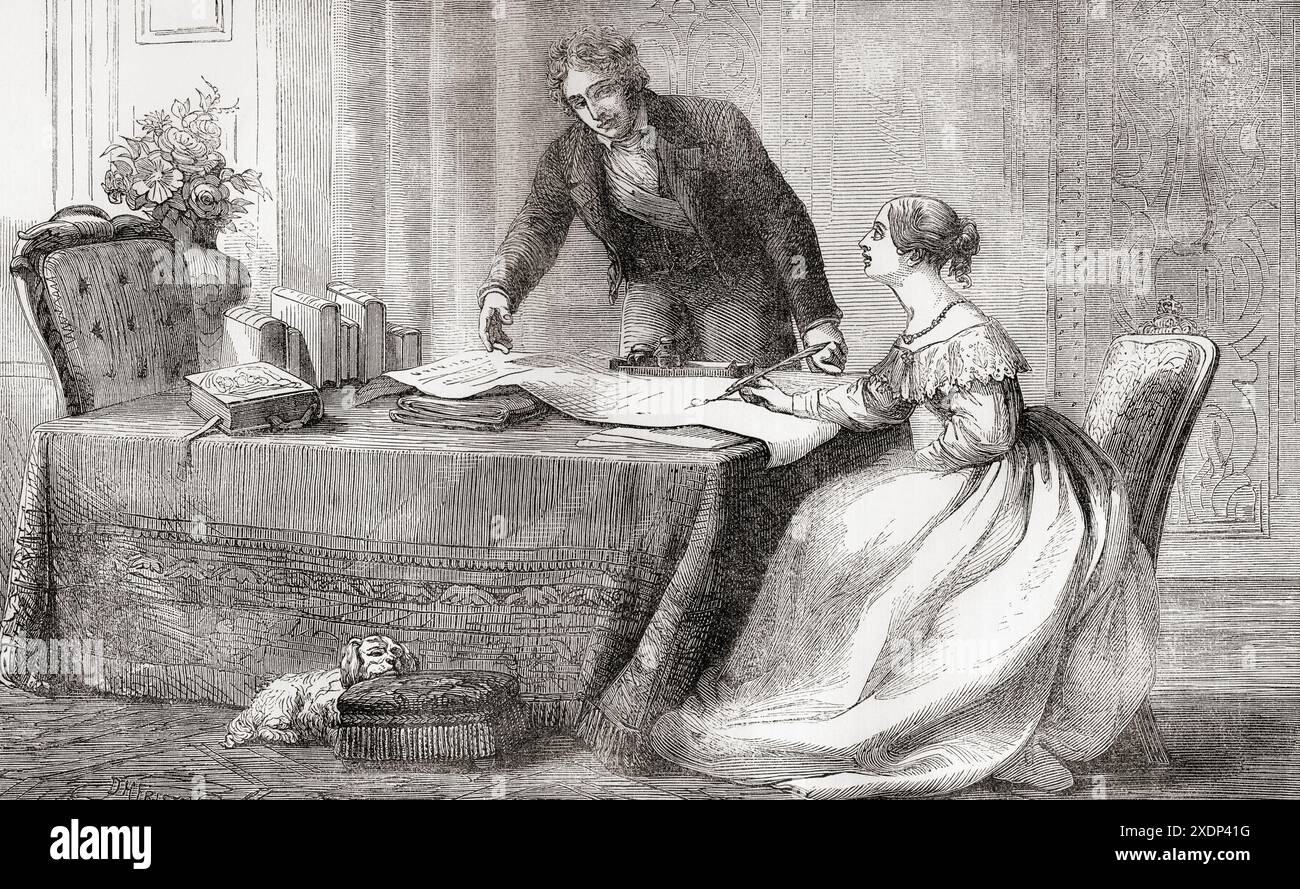 Lord Melbourne consigliò la regina Vittoria all'inizio del suo regno. Regina Vittoria, 1819 – 1901. Regina del Regno Unito di Gran Bretagna e Irlanda, 1837 - 1901. William Lamb, II visconte Melbourne, alias Henry William Lamb, 1779 – 1848. Politico Whig, Ministro degli interni e due volte primo Ministro del Regno Unito. Dalla storia illustrata dell'Inghilterra di Cassell. Foto Stock