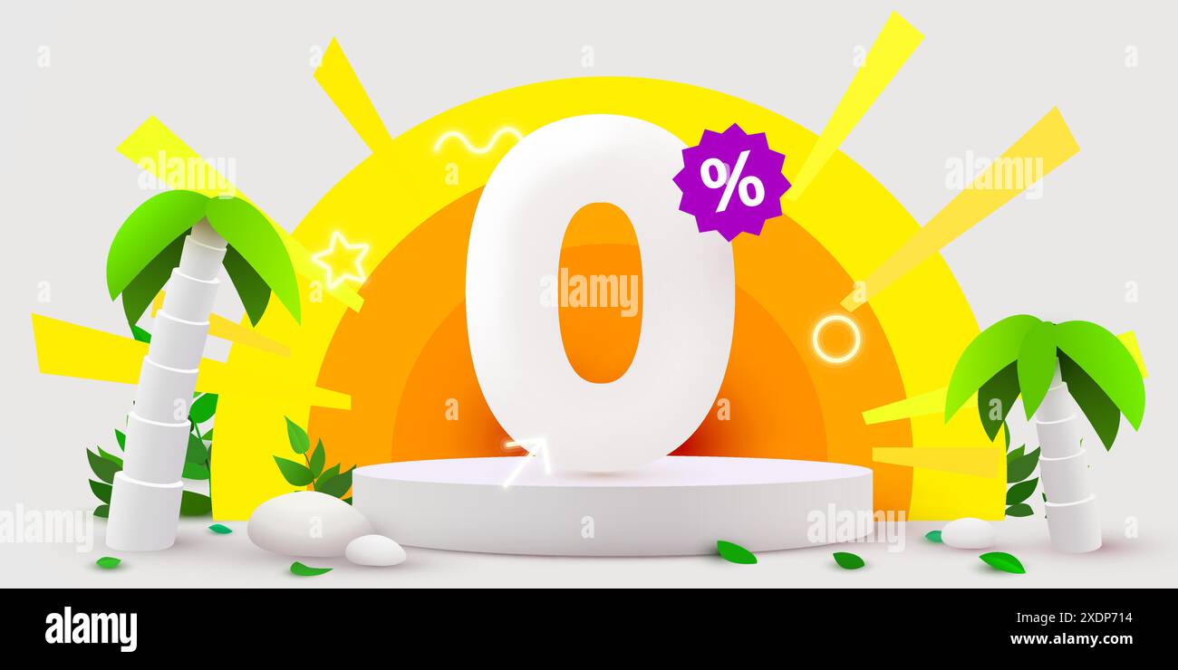 Composizione estiva sconto commissioni zero. Presentazione del prodotto, mock-up, podio. Banner e poster di vendita. Illustrazione vettoriale. Illustrazione Vettoriale