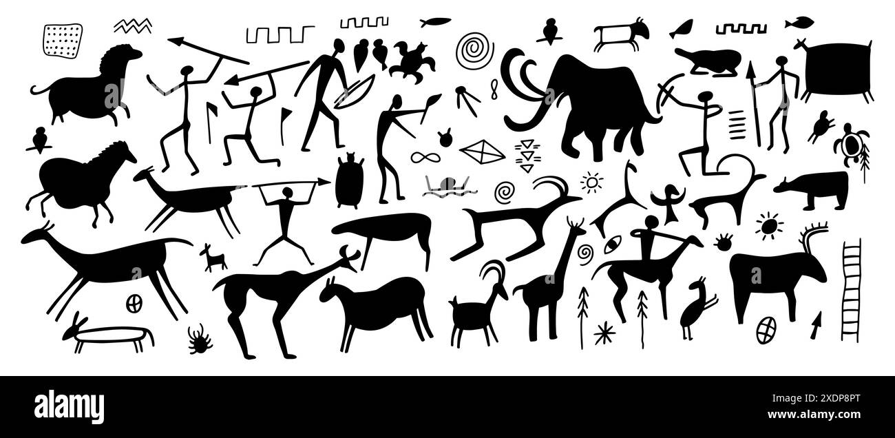 Pittura di grotta su pietra, antico muro di umani preistorici, animali, armi. Figure primitive di uomini e donne di tribù. Caverna vettoriale Illustrazione Vettoriale