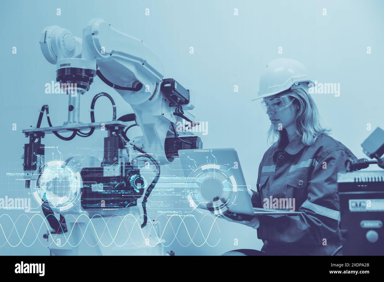 ingegnere programmatore con tecnologia avanzata automazione robotica concetto di applicazione software per sistemi di ingegneria industriale Foto Stock